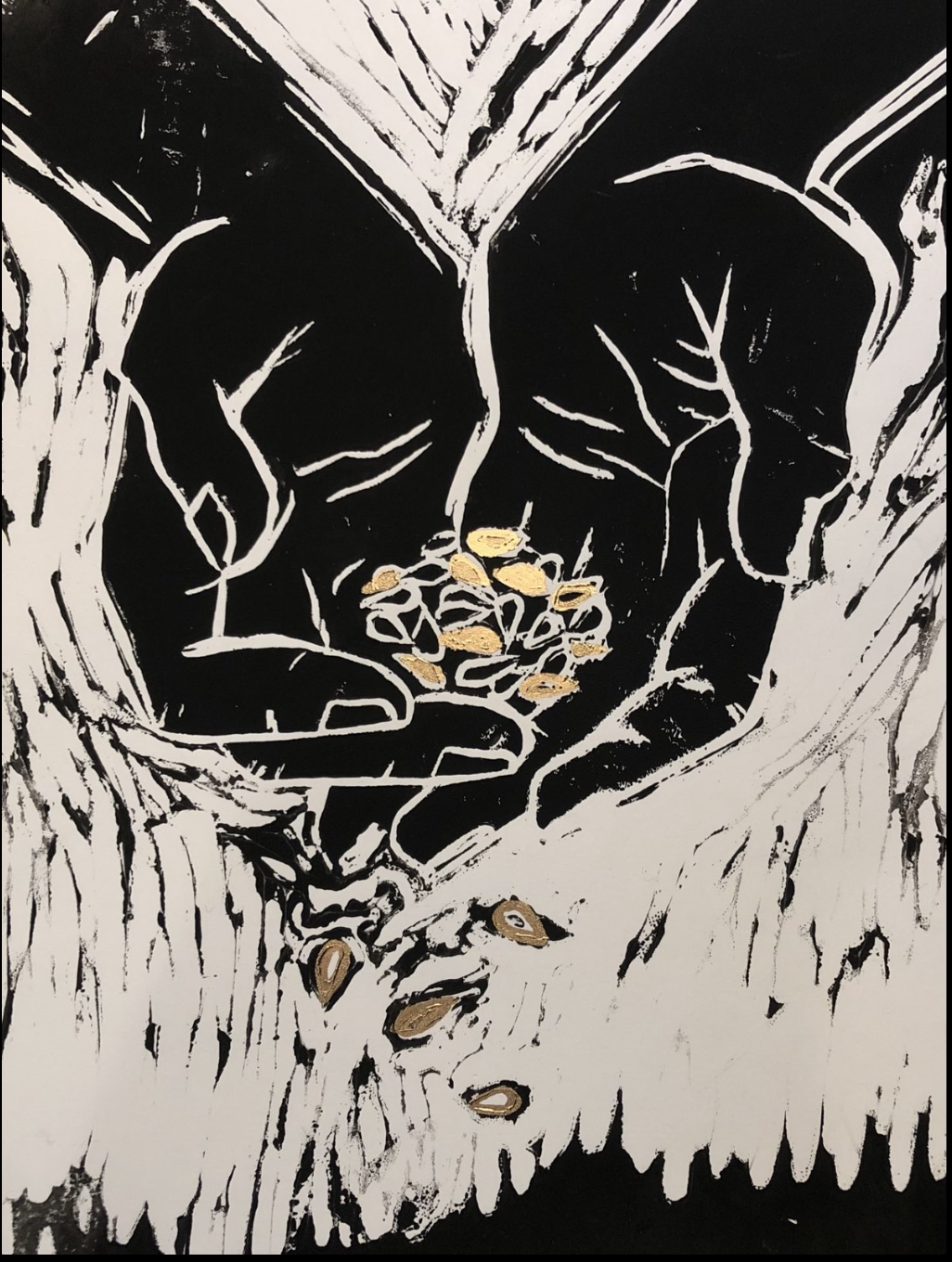 Black and white illustration of hands holding golden seeds