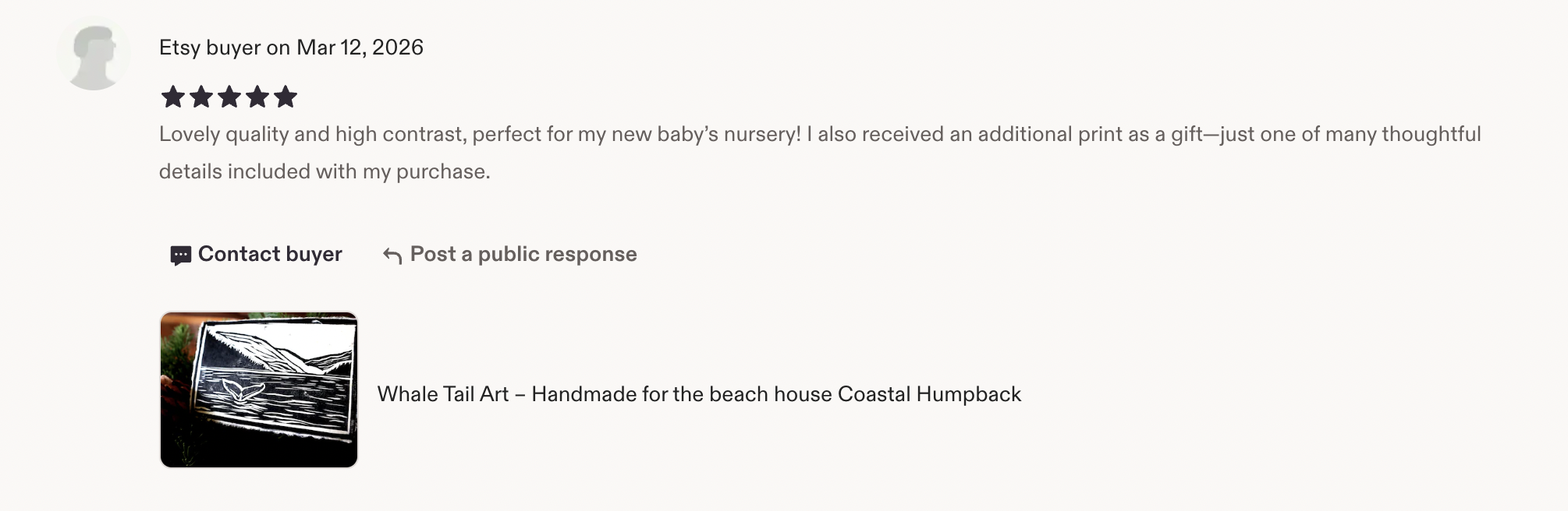 A screenshot of an Etsy buyer review with five stars, praising a high-contrast whale tail art print for a nursery. The review mentions receiving an additional gift print and includes a small thumbnail image of the whale tail art piece, which depicts a stylized whale tail above water with mountains in the background.