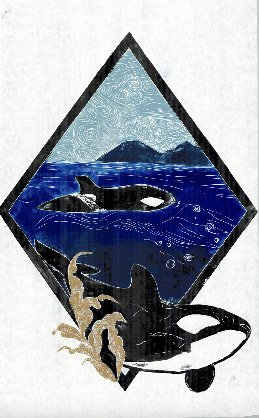 Detailed linocut depicting an orca whale swimming in the ocean with Salish Sea in the background, framed within a diamond shape. the last 74 Southern Resident Killer Whales, at risk from logging, climate change, and overfishing