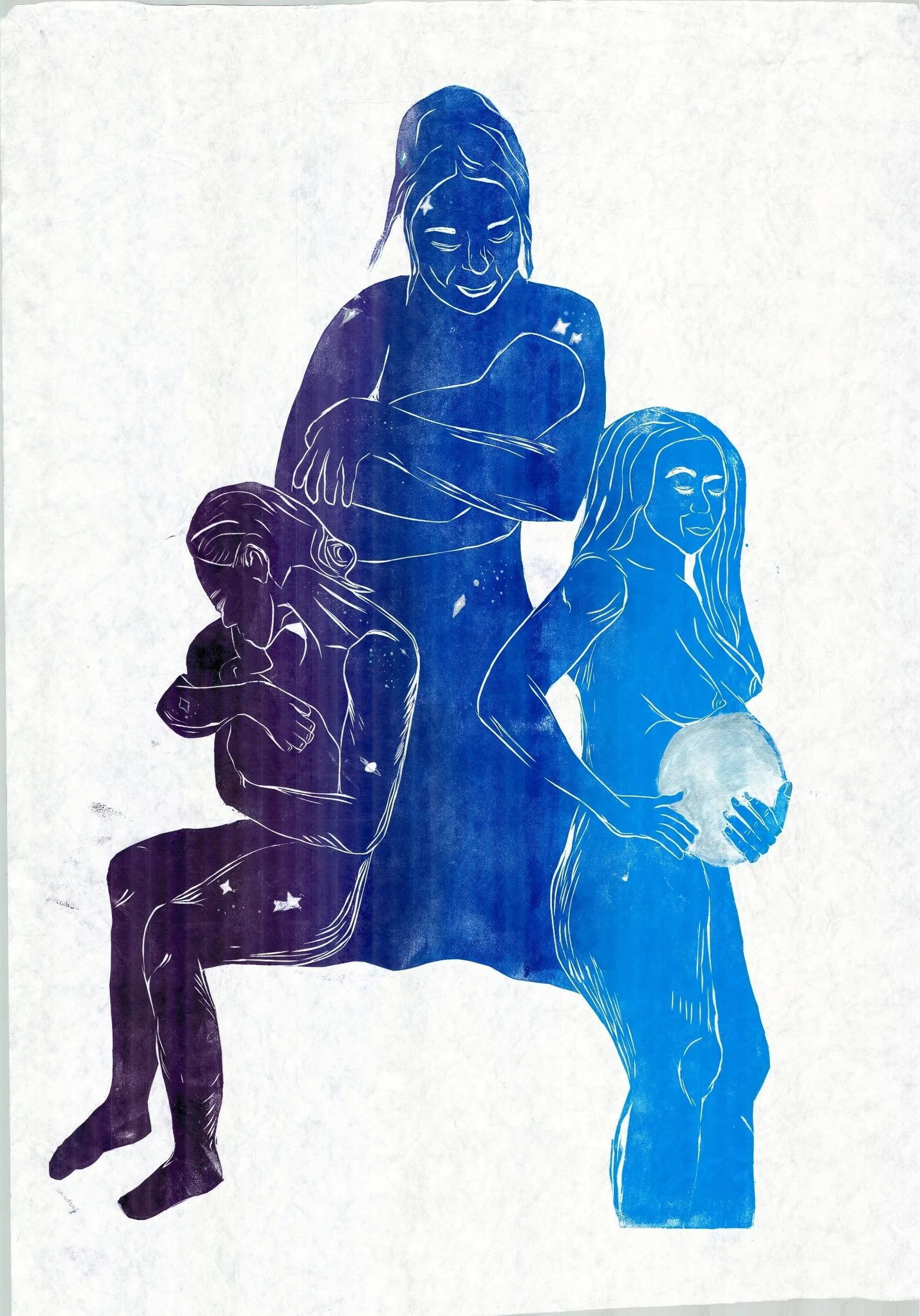 Line art drawing of four people, three women and one man, standing on each other's shoulders, holding a globe, with stars in the background.