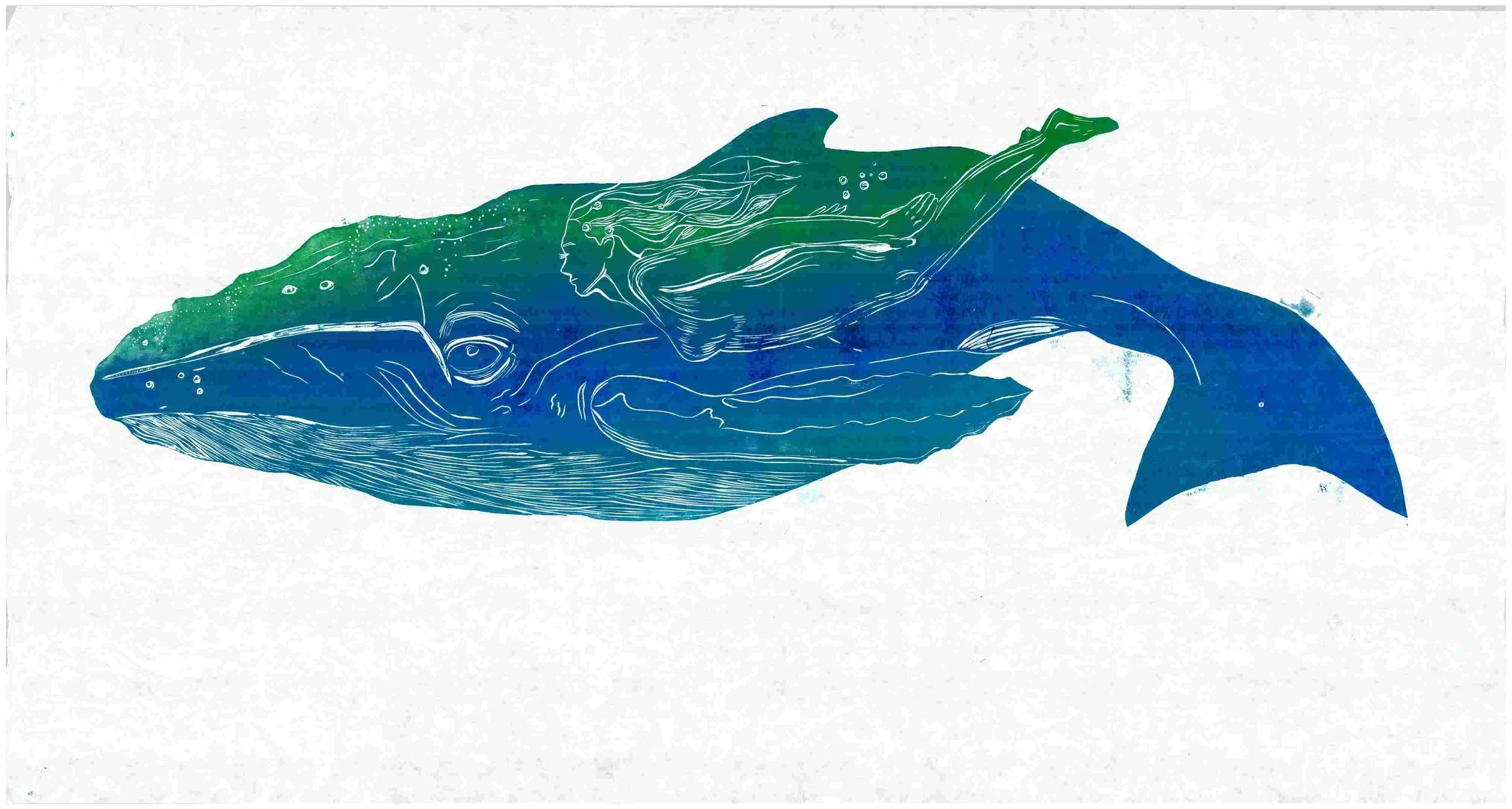 Illustration of a whale with a human face and a woman with flowing hair, blending into the whale's body, rendered in blue and green tones.