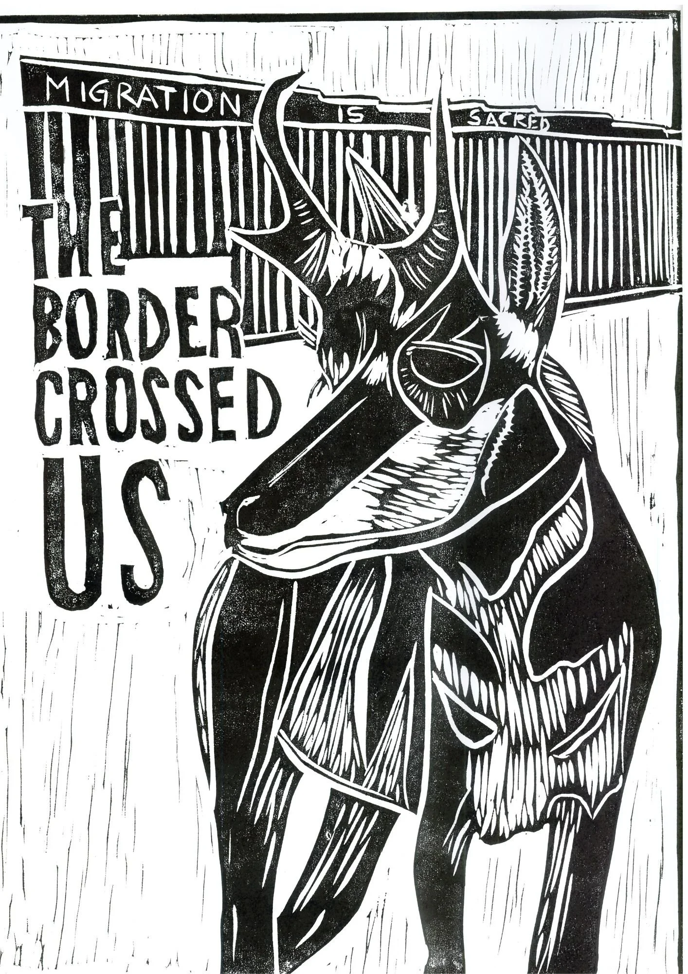 Black and white linocut-style image of a woman holding a sign that reads 'The border is crossed' with a pattern of vertical lines, a forest, and the word 'sacked' in the background.