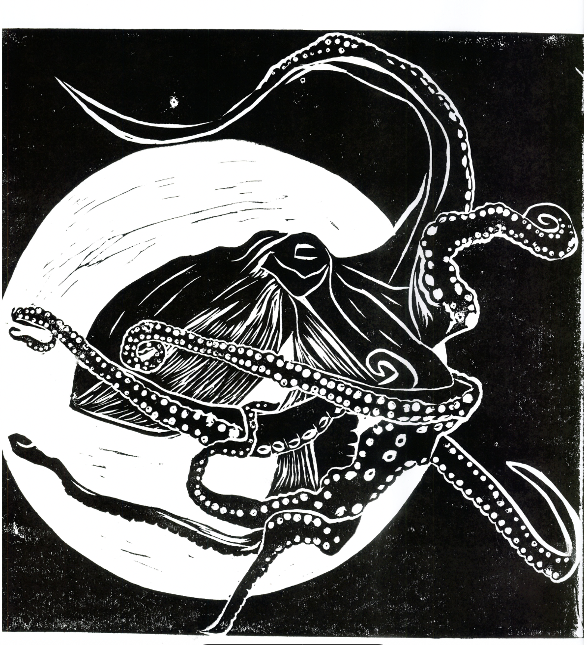 A black and white linocut of an octopus with its tentacles extending across a moon