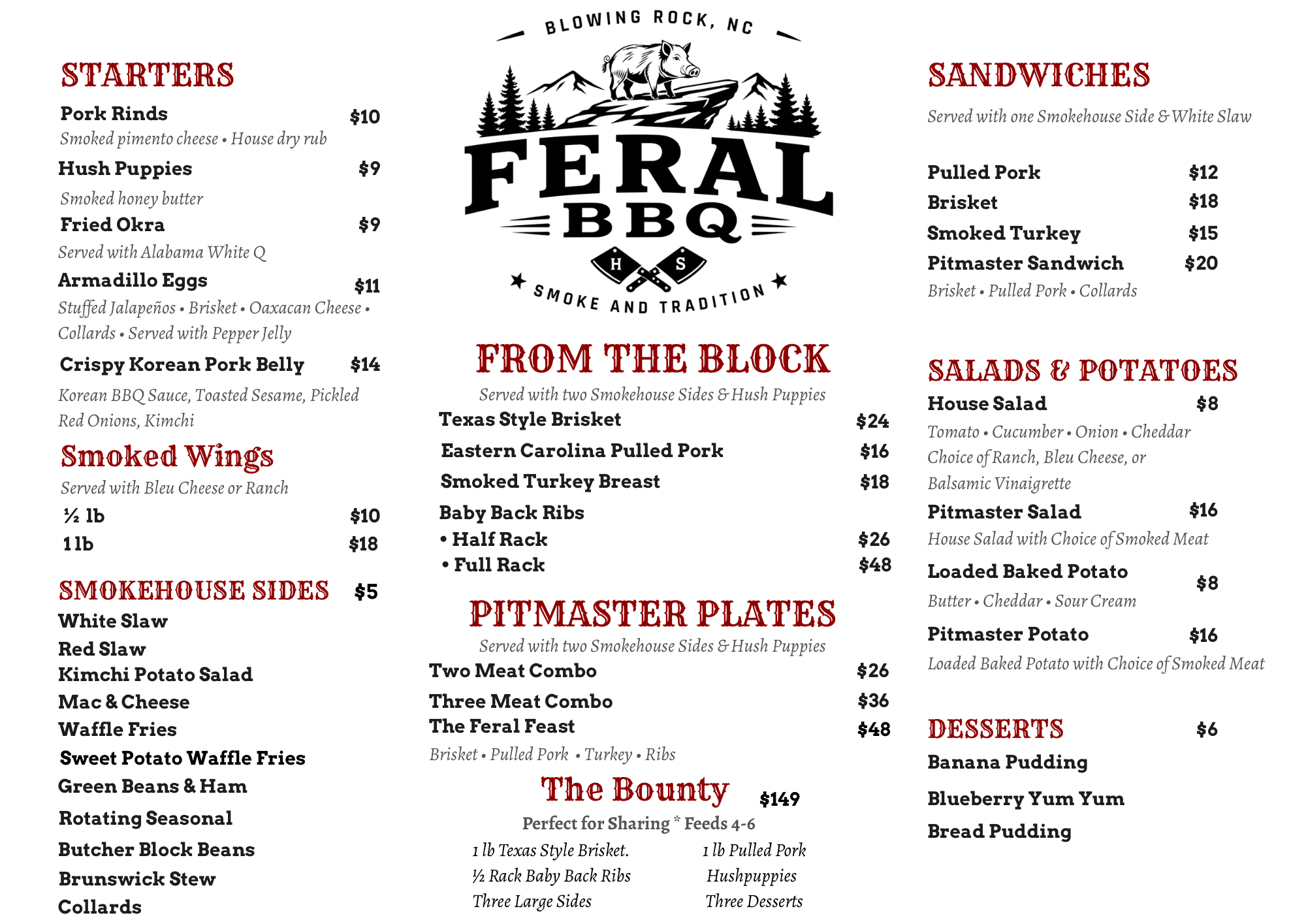 Menu for Feral BBQ restaurant in Blowing Rock, NC, with sections for starters, smoked wings, smokers sides, pitmaster plates, desserts, and a logo featuring a pig on a hill with trees and mountains.