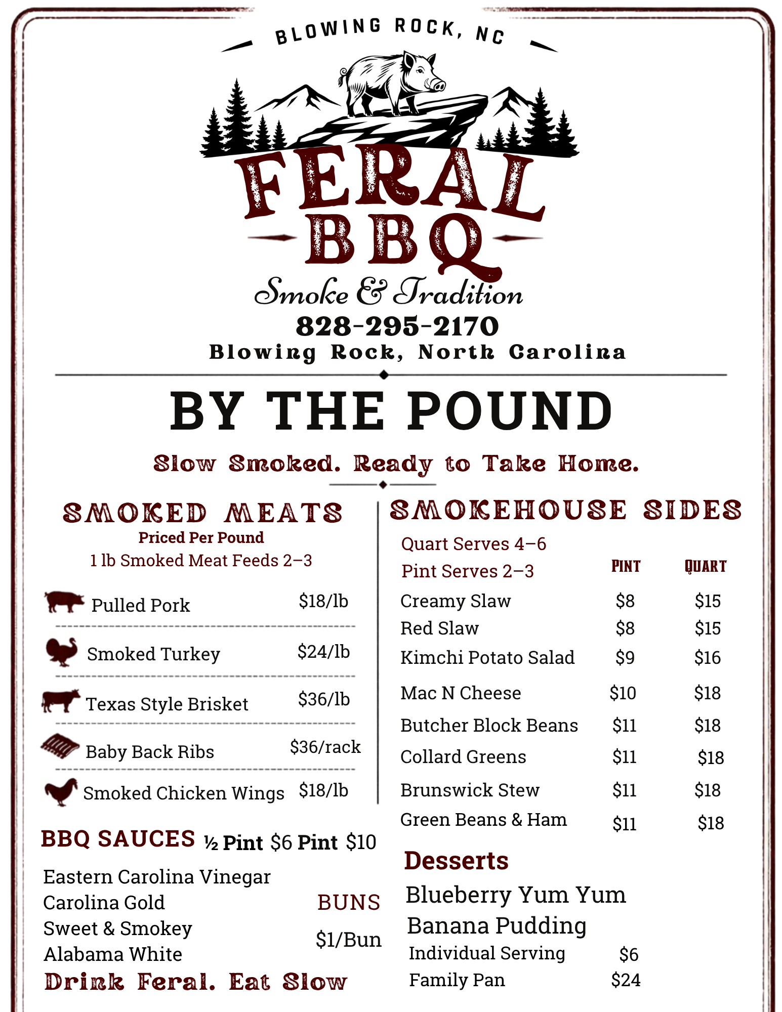 A menu from Feral BBQ in Blowing Rock, North Carolina, featuring smoked meats, sides, BBQ sauces, beverages, and desserts.