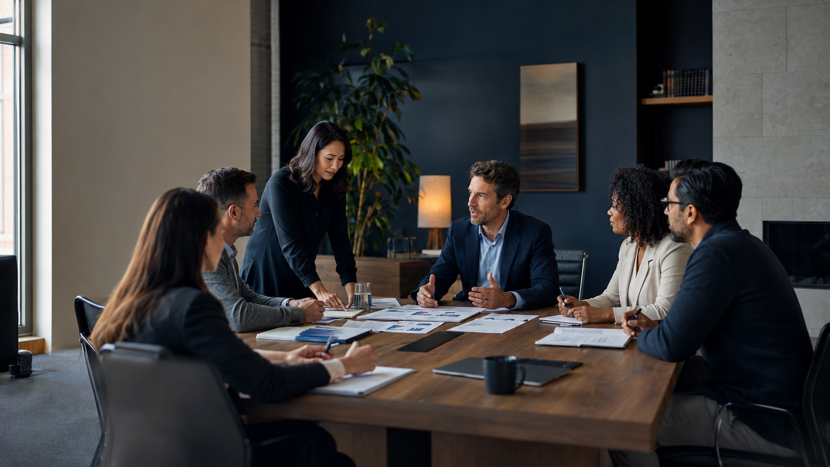 Business meeting in a modern office with six diverse professionals, one woman standing and presenting, others seated around a wooden table with documents and laptops, large window and art on walls.