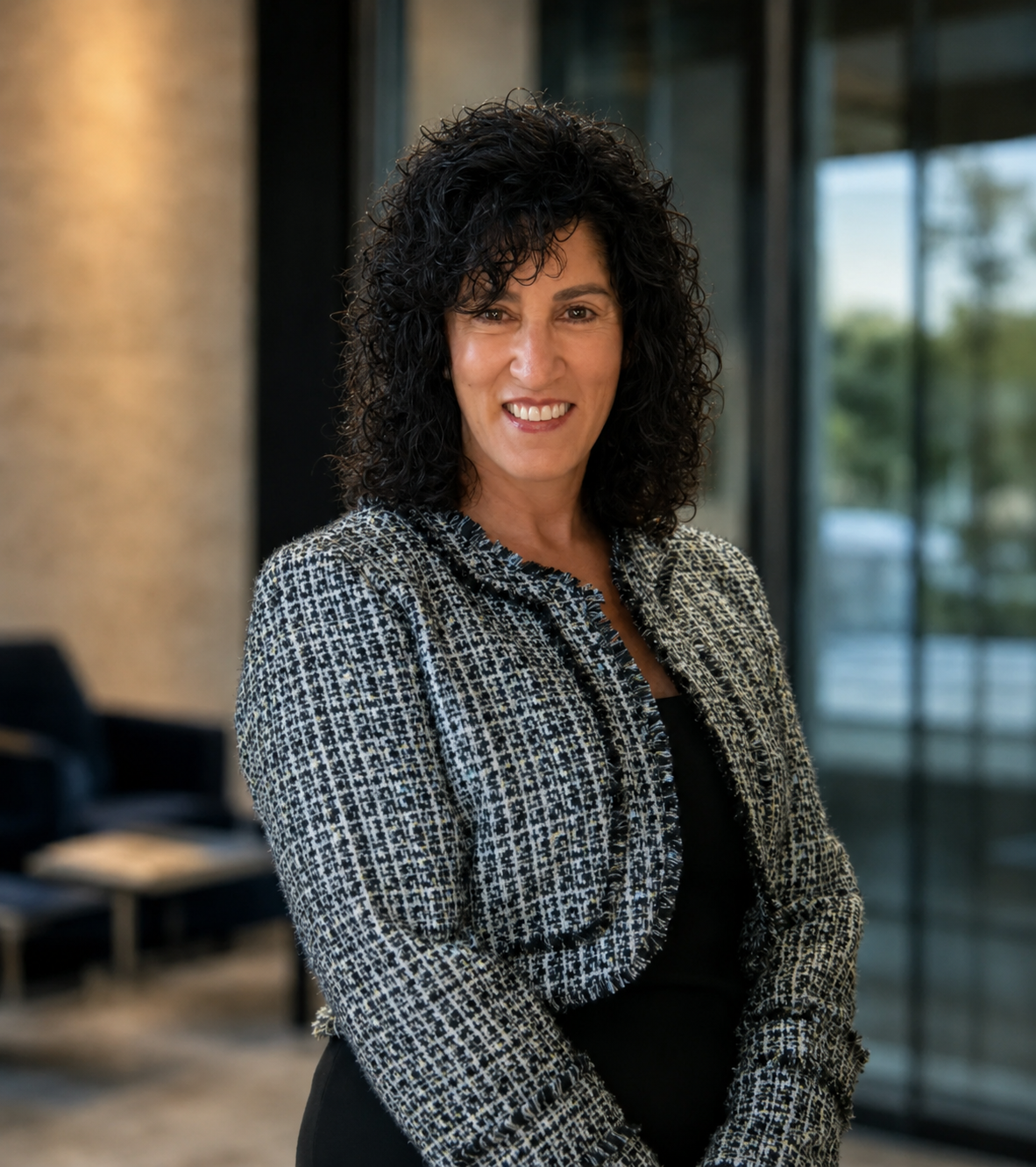 Professional woman with curly dark hair smiling, standing indoors near large windows with trees outside.