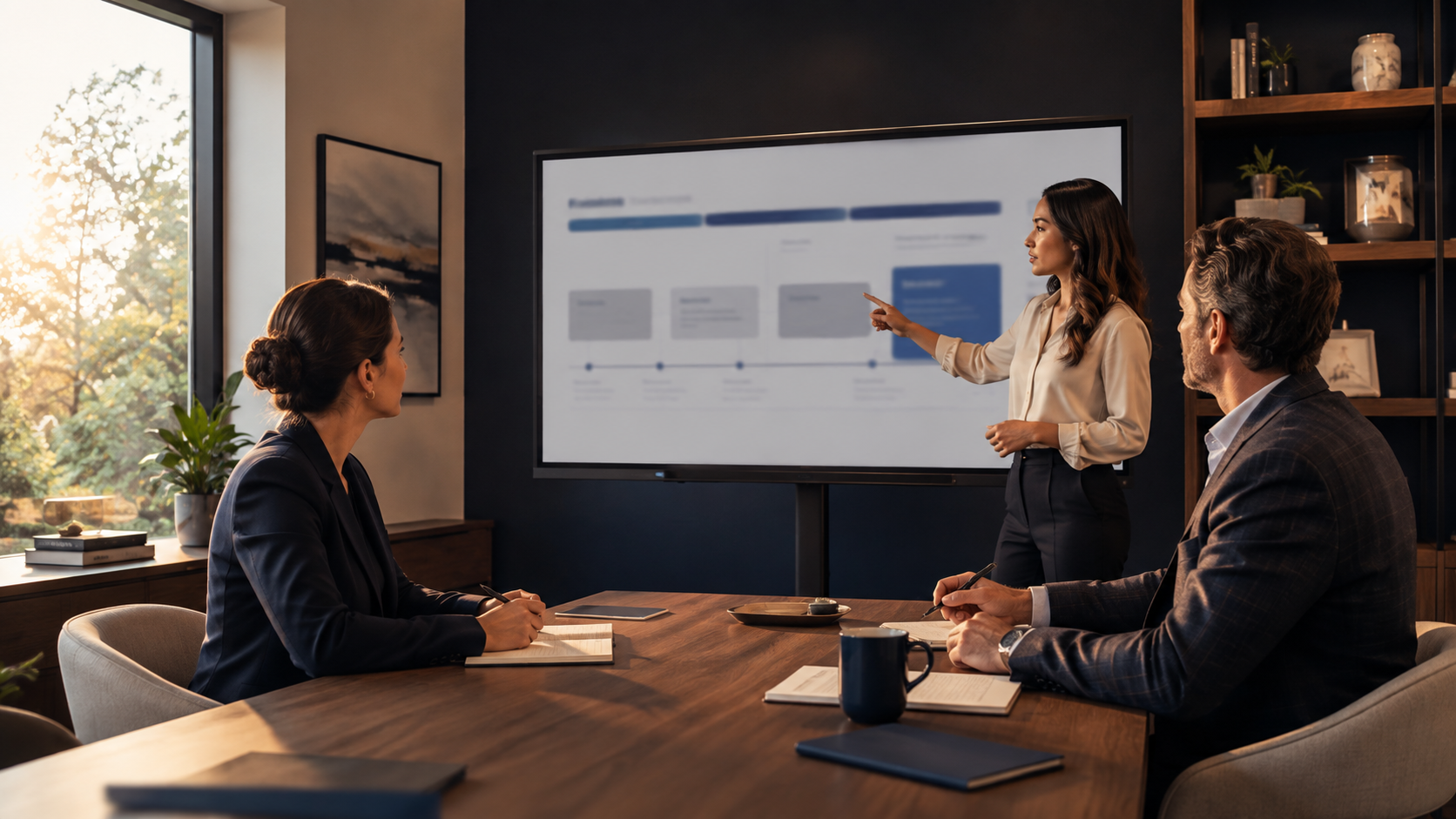 A woman in a beige blouse and dark pants is giving a presentation to two seated people in a conference room with large windows and plants, using a large digital screen with charts.