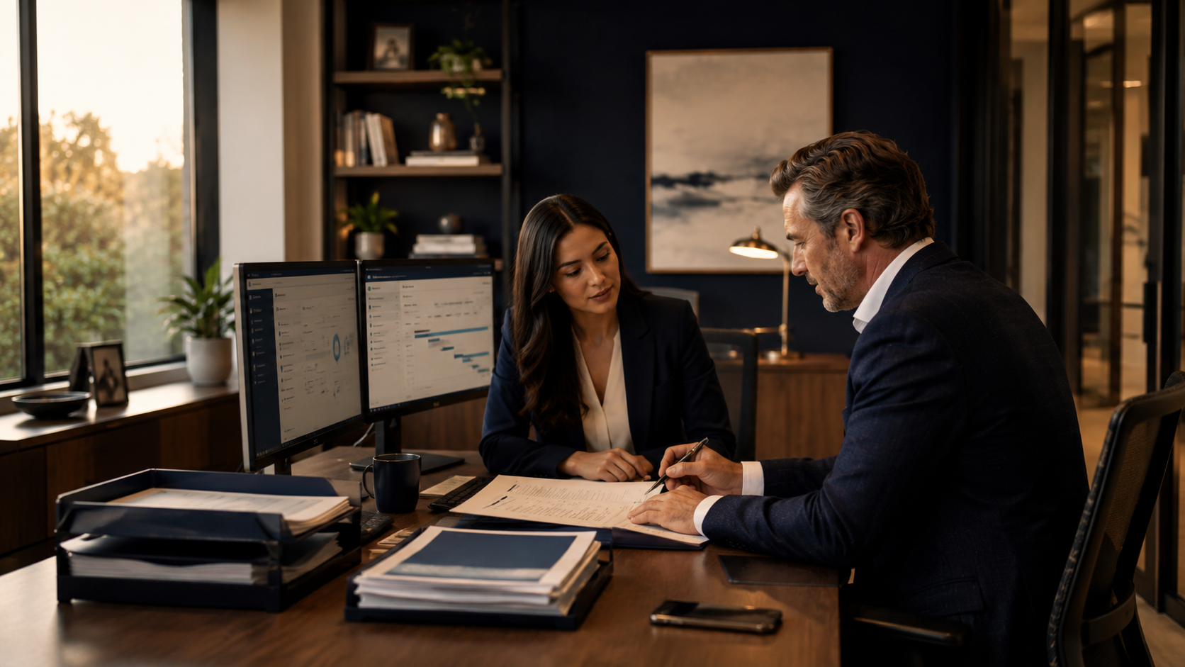 Two professionals, a woman and a man, sit at a desk in a modern office with dual monitors, spreadsheets and documents, discussing work.