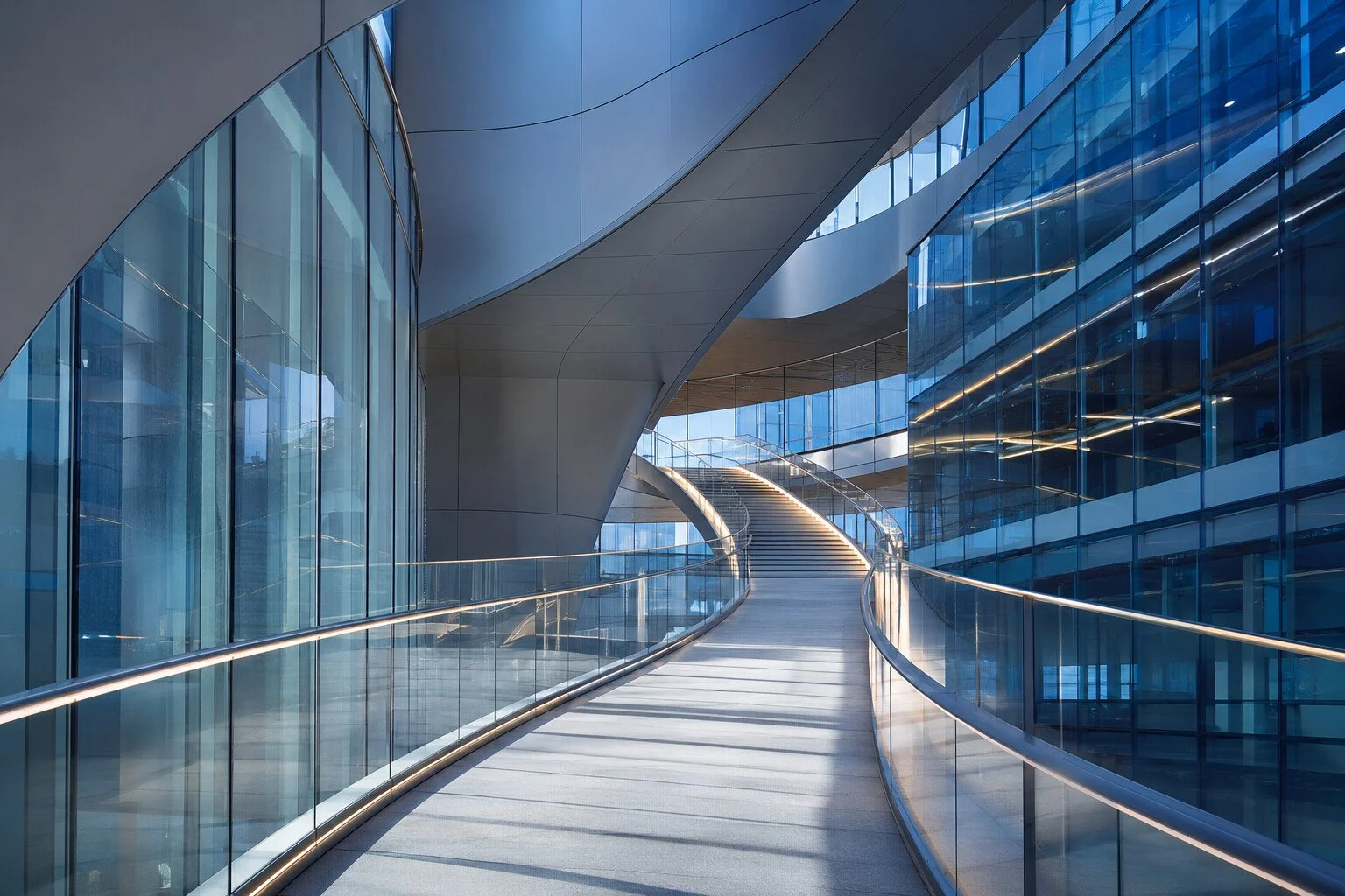 Modern glass and steel interior with a curved ramp and staircase in a sleek building for ASN.