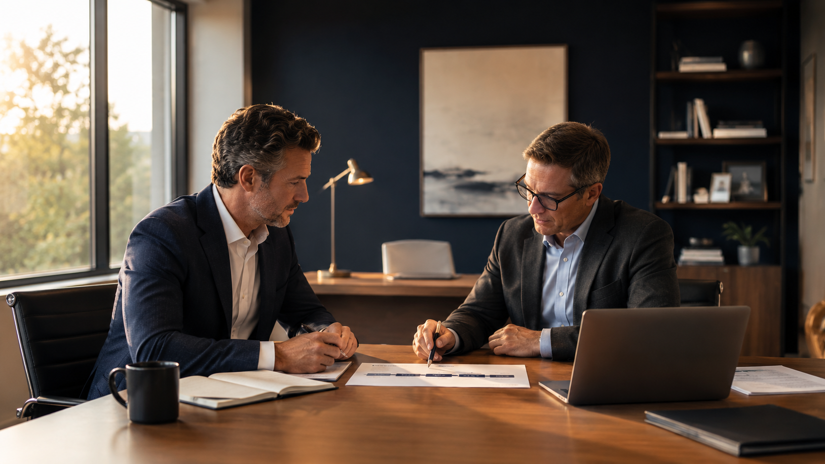 Two men in suits sitting at a conference table reviewing documents in an office with large windows and modern decor.