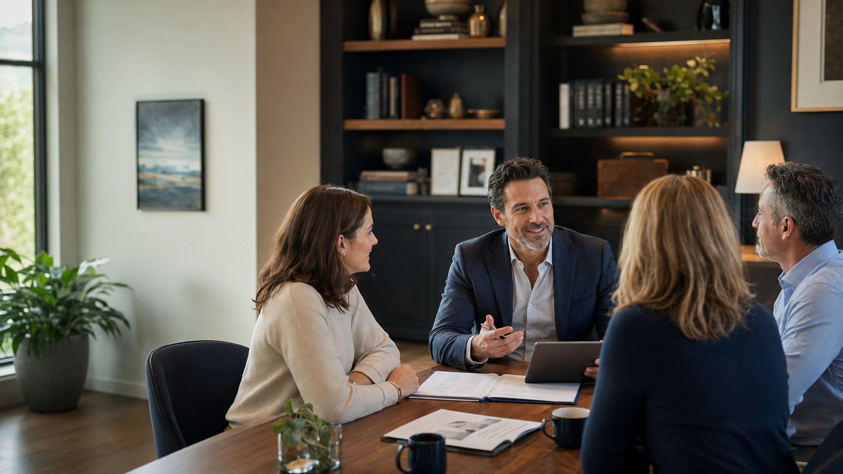 A group of five professionally dressed people having a meeting in a modern office or conference room, engaged in a discussion around a wooden table, with bookshelves and framed art in the background.