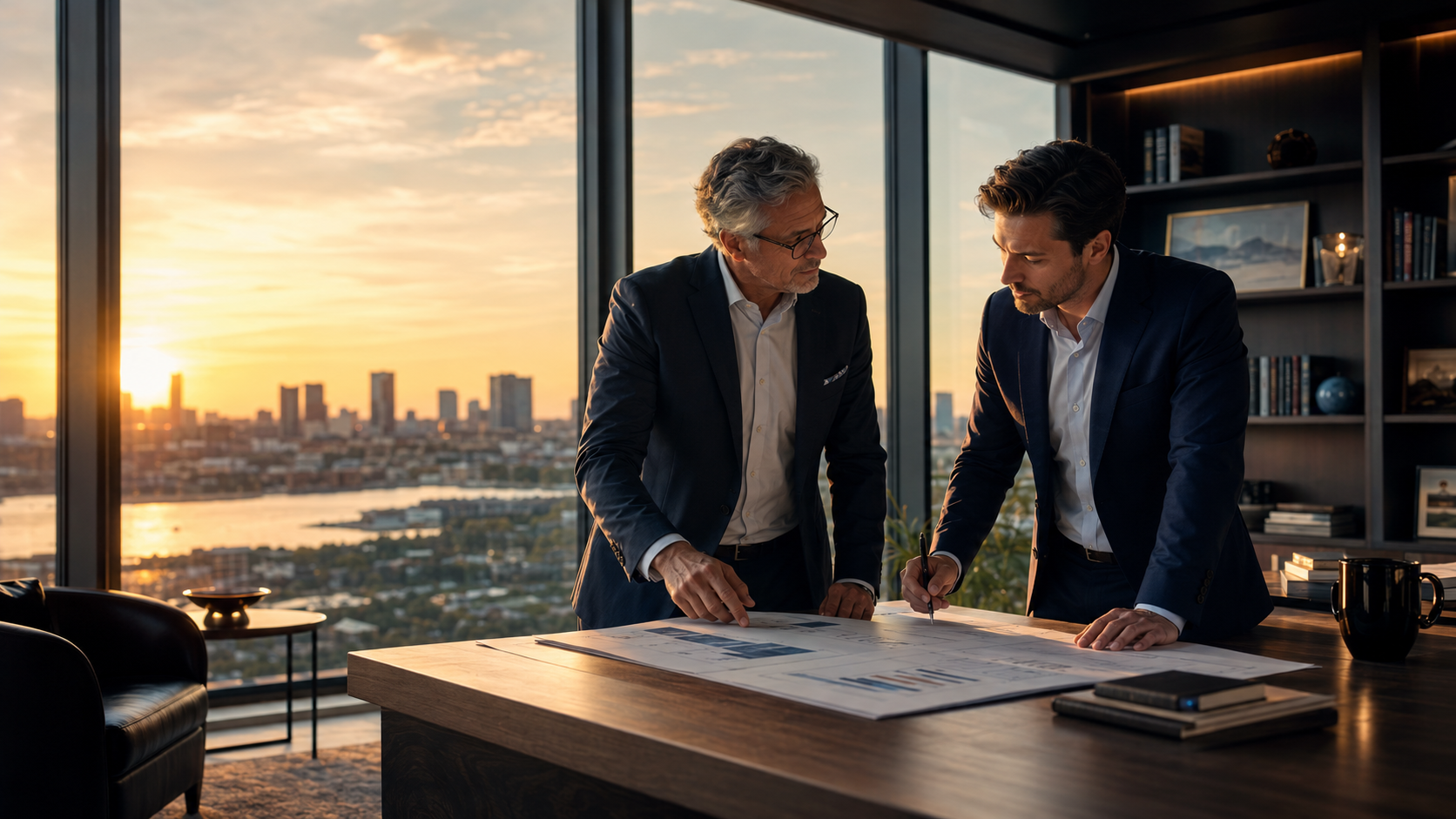 Two businessmen in suits reviewing documents on a desk in a modern office with large windows showing a city skyline at sunset.
