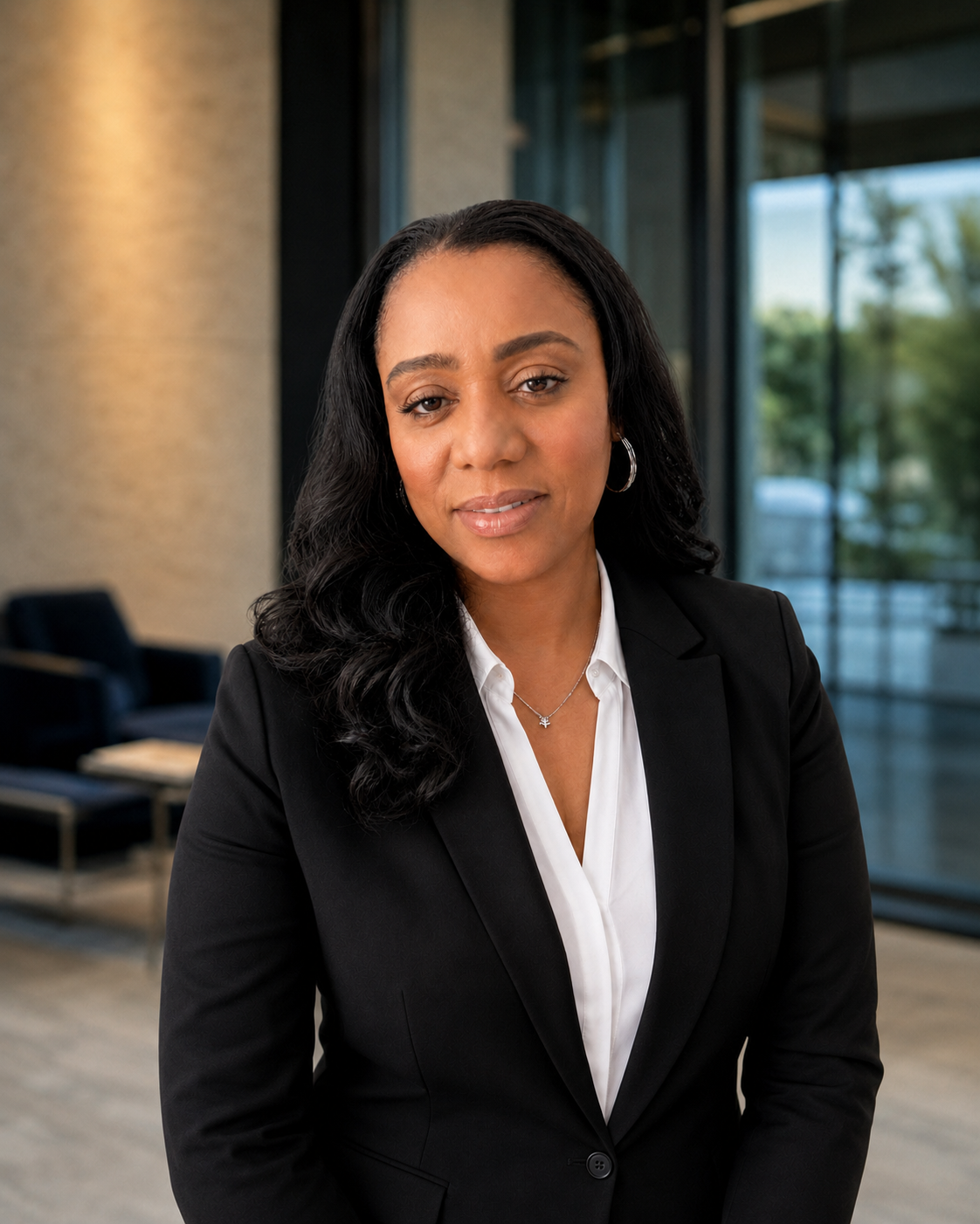A professional woman with long black hair, wearing a black blazer, white shirt, earrings, and a necklace, standing in a modern office with large windows and seating area in the background.