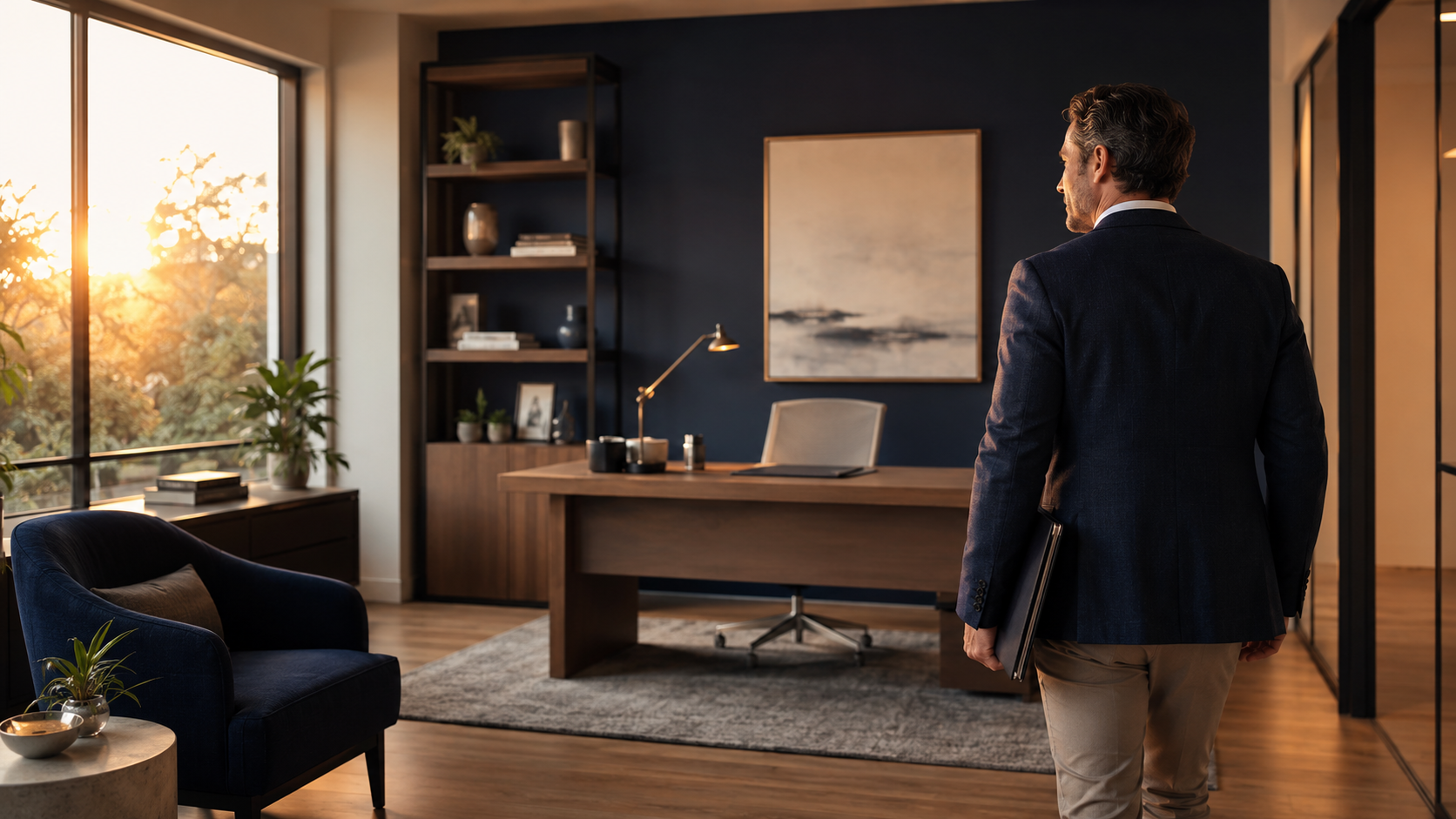A man in a suit holding a folder walking into an office with a large window, wooden desk, dark blue accent wall, and a painting behind the desk.