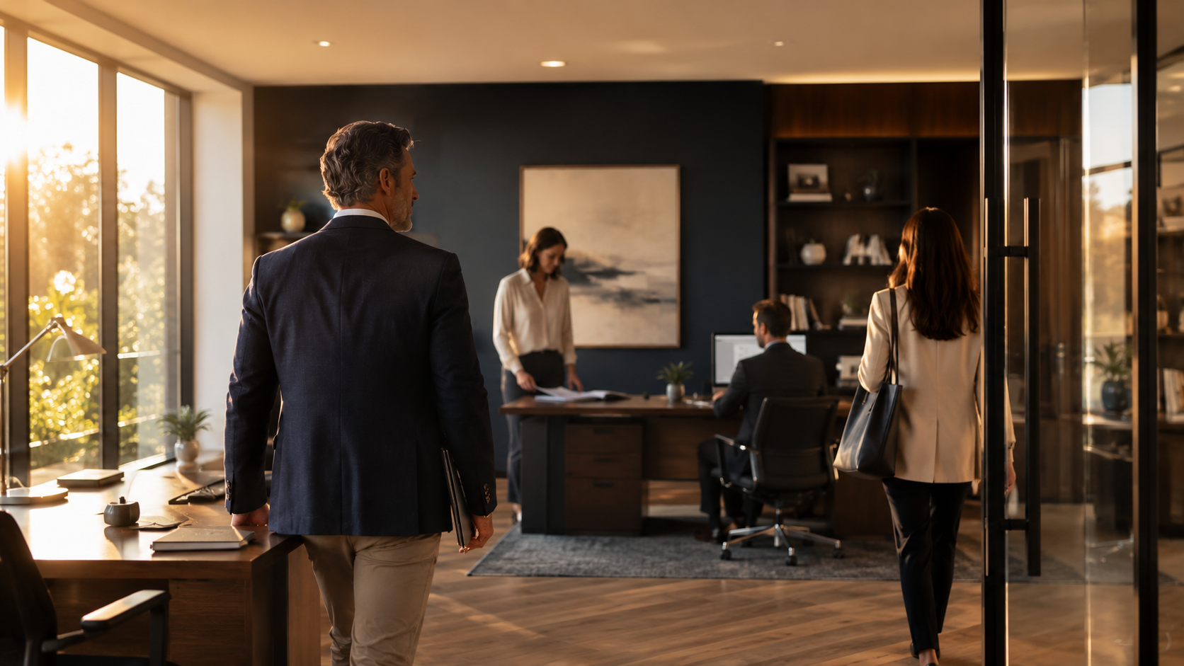 Business professionals in an office with large windows, dark blue accent wall, and wooden flooring; a man in a suit walking toward a woman standing near the glass door, with a woman at the desk in the background.