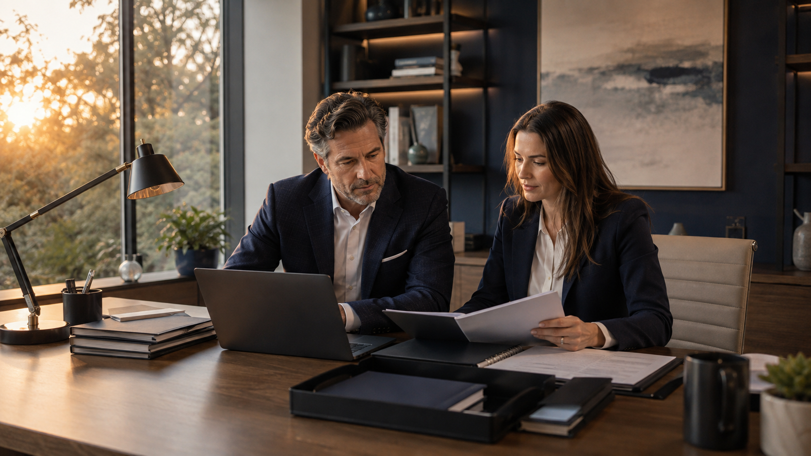 Two professionals, a man and a woman, working together at a desk in an office during sunset. They are looking at documents and a laptop, with shelves and large window in the background.