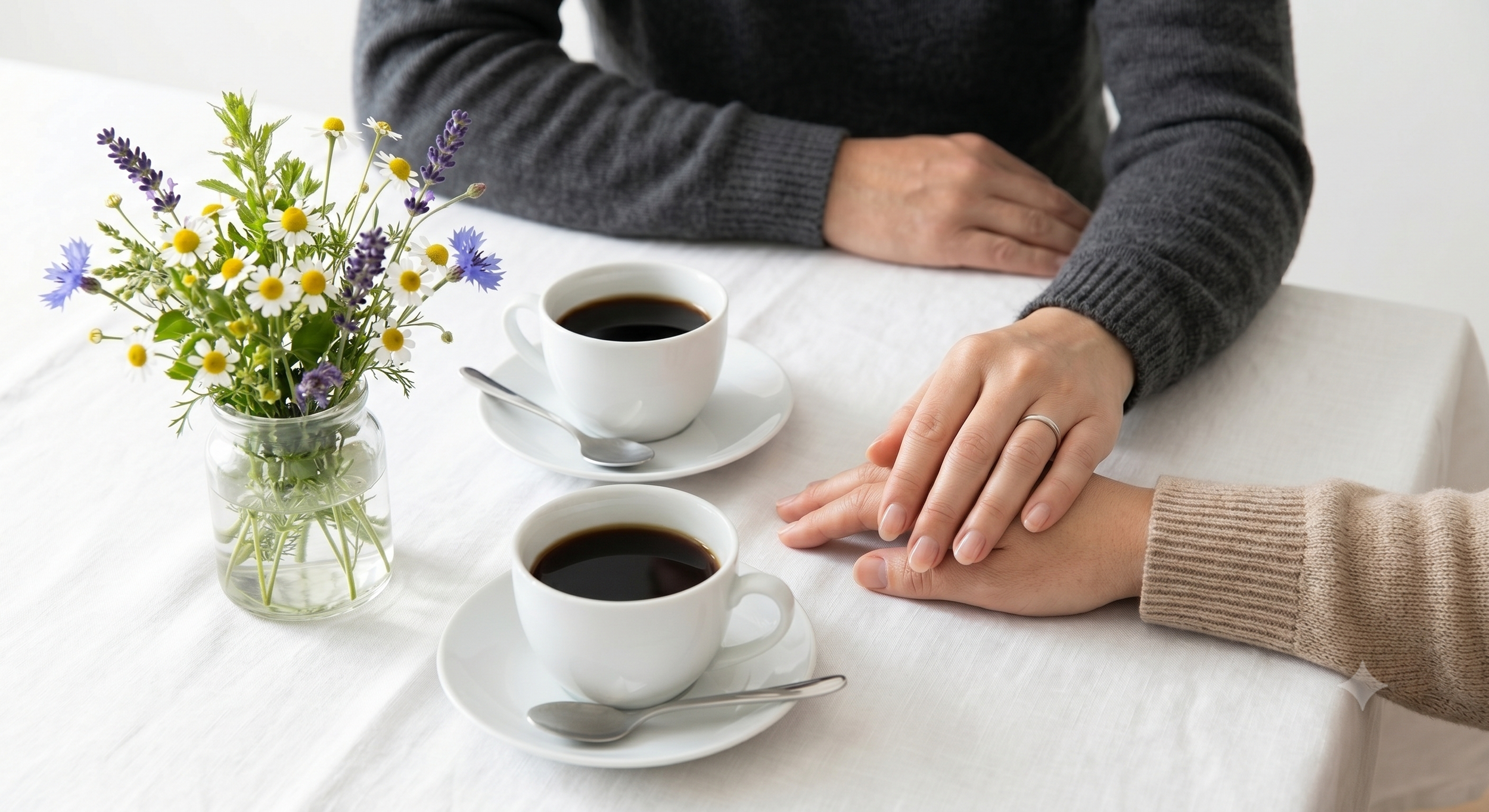 Two people holding hands at a white table with a vase of wildflowers and two cups of black coffee.