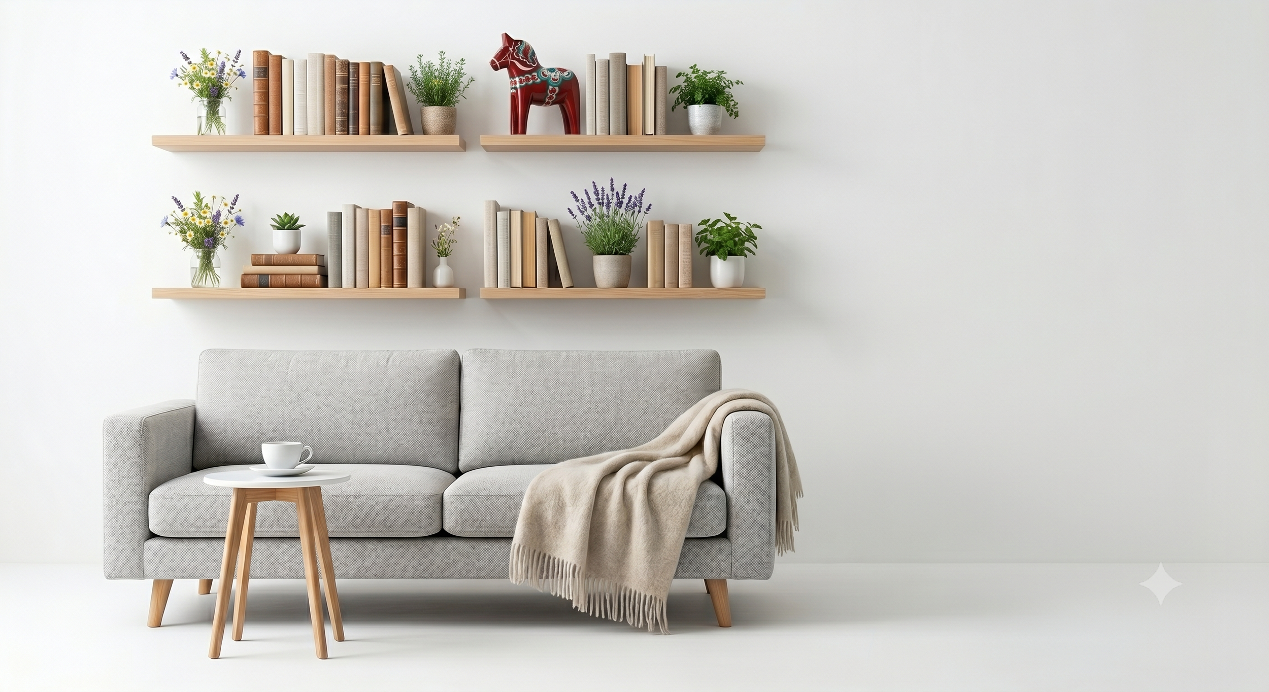 Living room scene with a light gray sofa, a small wooden coffee table with a white cup and saucer, a beige throw blanket on the sofa, and three wooden shelves on the wall holding books and decorative plants, with a red horse figurine on the top shelf.