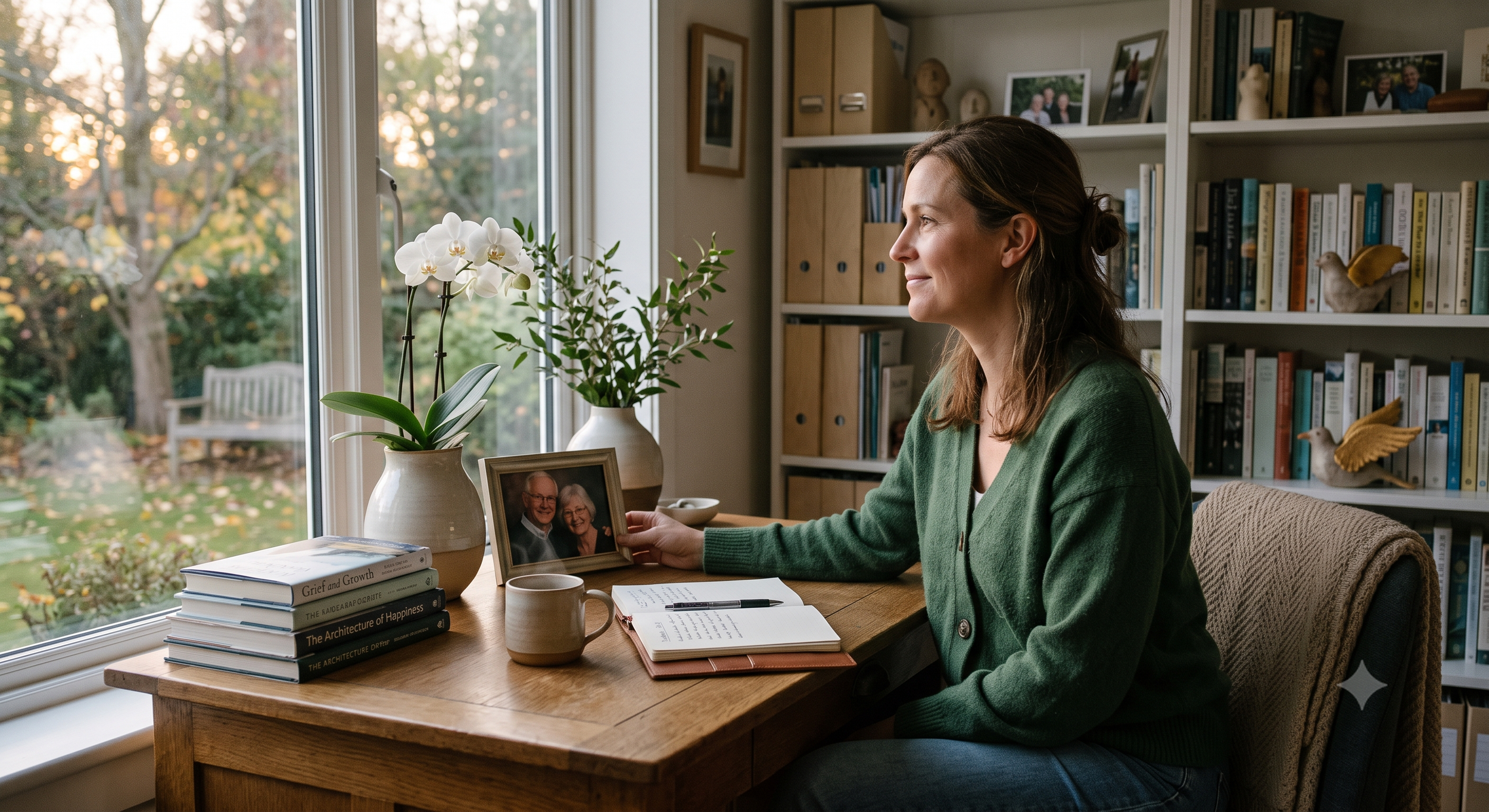 A woman with brown hair sitting at a wooden table near a window, holding a framed photo of elderly couple. The table has stacks of books, a notebook, a pen, and coffee mug. Inside, there are potted plants and shelves with books and decorative items.