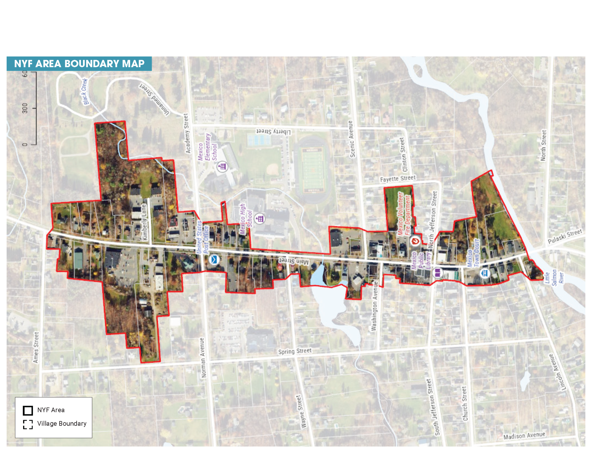Map highlighting NYF area boundary with village boundary marked in black dashed line on a street grid, showing roads, water bodies, and landmarks.