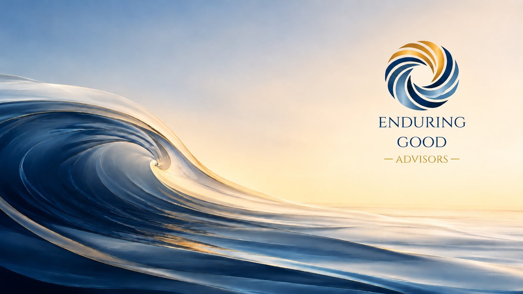 A large ocean wave with a blue and white surface, set against a light sky with the sun shining. The Enduring Good Advisors logo, a swirl of blue and gold, appears in the image.