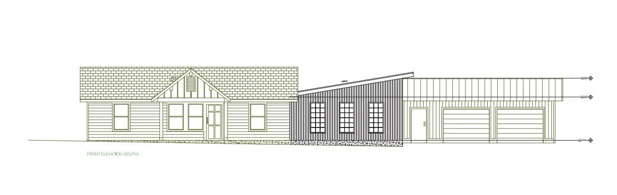 Architectural blueprint of a house showing front elevation with a two-car garage, gabled roof, and multiple windows.