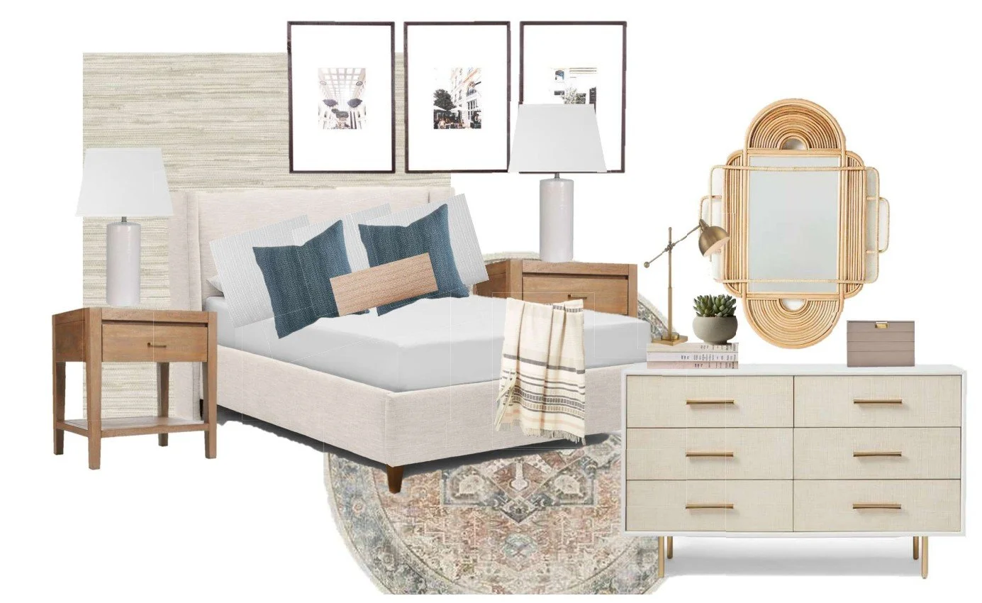 A bedroom with a beige upholstered bed, three framed pictures above, two white lamps on wooden nightstands, a white dresser with gold handles, a wicker mirror, a small plant, and a gold desk lamp. The bed has dark blue and beige pillows, and a striped blanket hangs from the side. A round rug is underneath the bed.