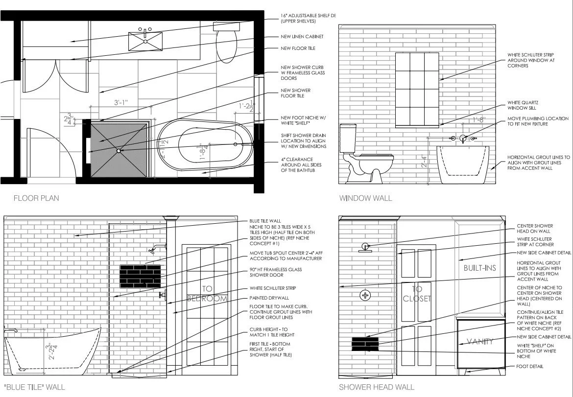 Architectural drawings of a bathroom with floor plan, window wall, blue tile wall, and shower head wall, including measurements and construction notes.