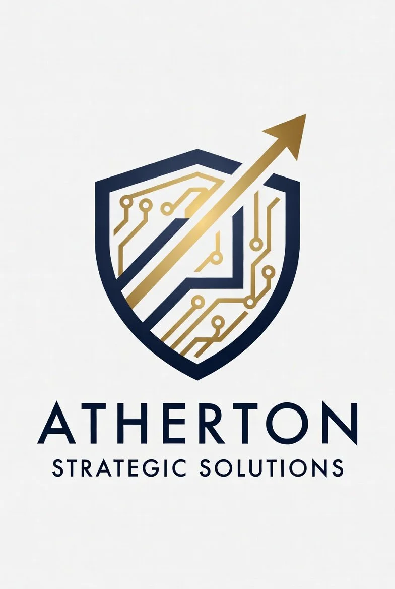Logo with a shield featuring a gold upward arrow and circuit lines inside, with the text 'ATHERTON STRATEGIC SOLUTIONS' below.
