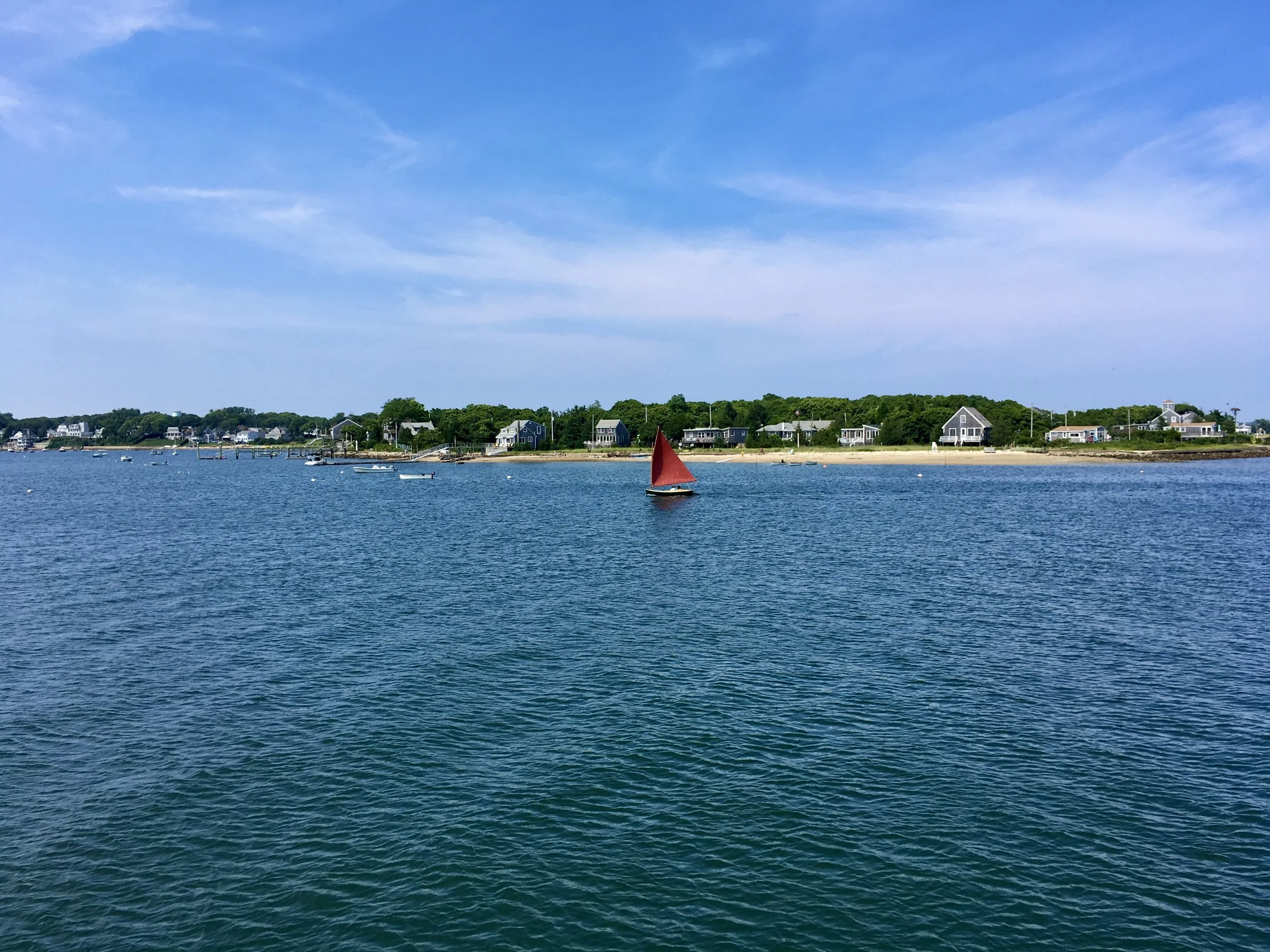 A coastal scene with a blue sky, calm water, and a sailboat with a red sail. In the background, there are houses along the shoreline surrounded by greenery.