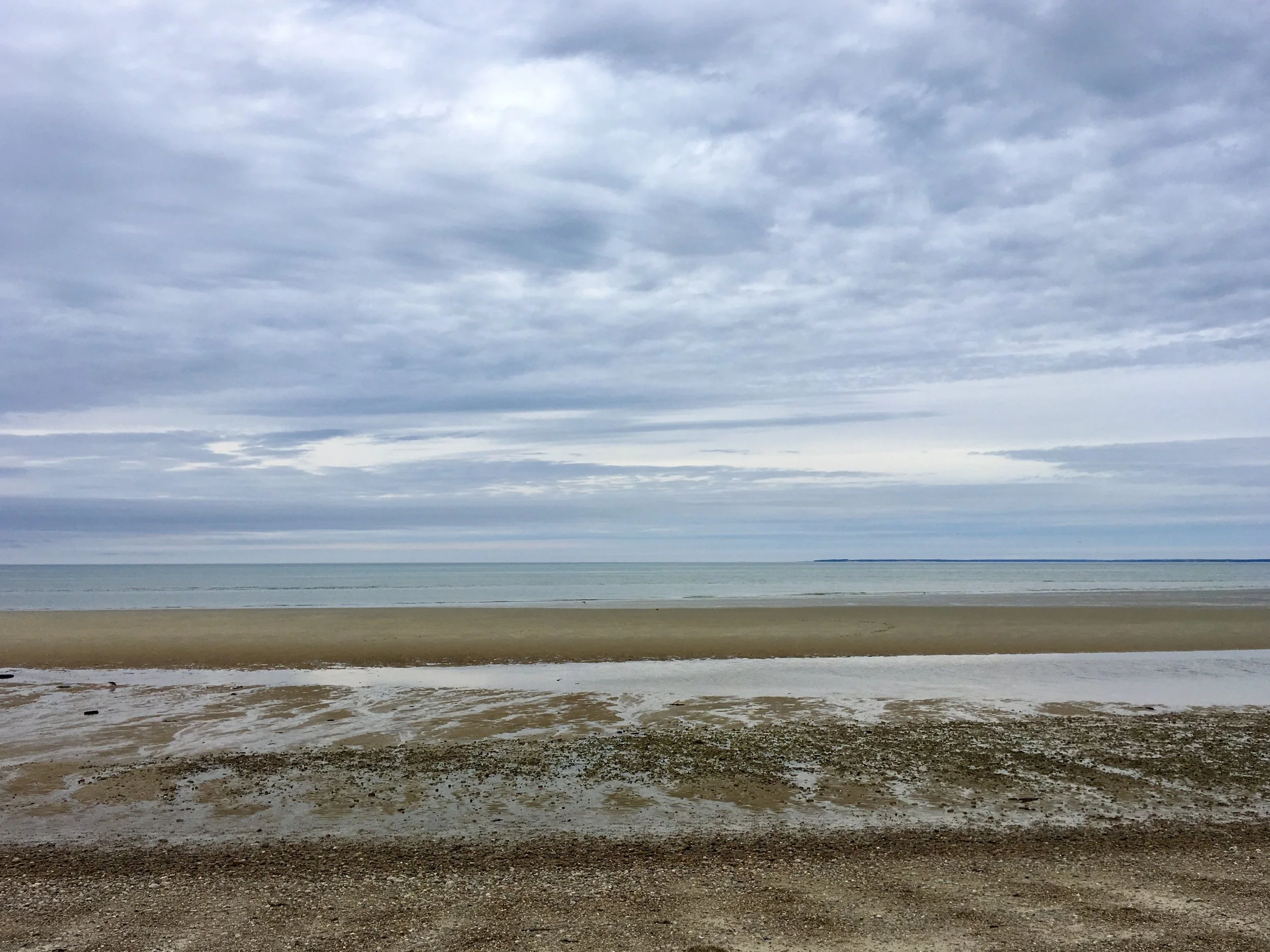 A beach scene with a sandy shore, calm water, and cloudy sky.