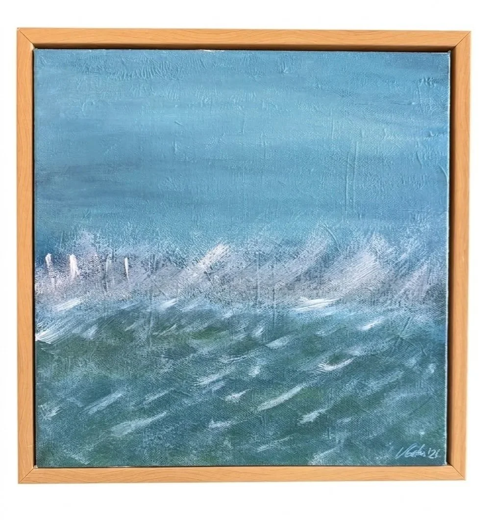 Ocean Spray | Acrylic on  12" x 12" canvas in maple floating frame
$400
