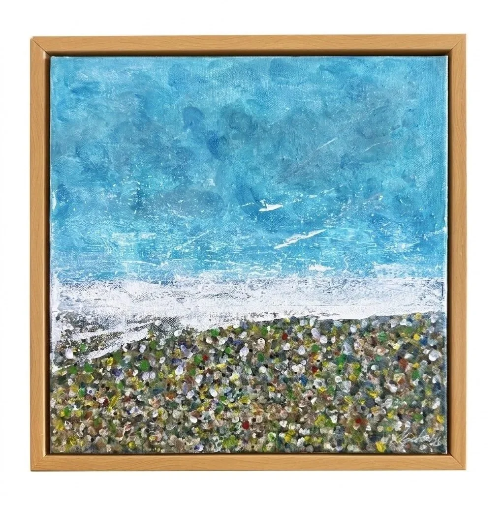 Pebble Shoreline | Acrylic on 12"x12" canvas in maple floating frame
$400