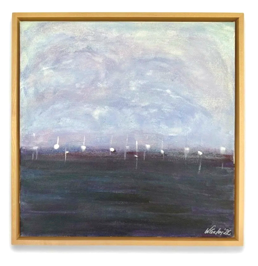 Twilight Mooring | Acrylic on 12"x12" canvas in maple floating frame
$400