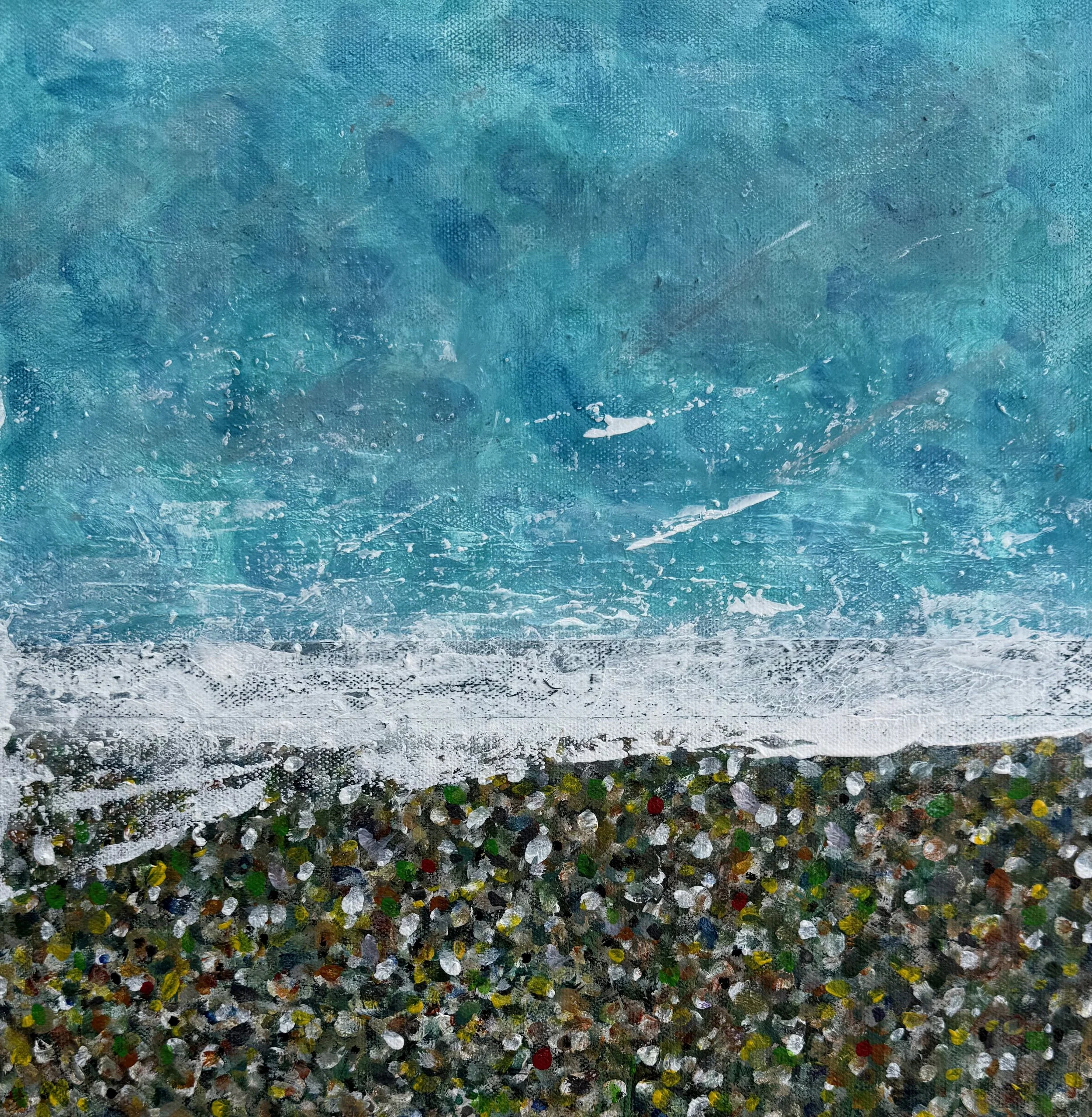 An abstract painting featuring a gradient of colors from top to bottom: blue, white, black, and multicolored dots at the bottom, resembling an artistic depiction of a textured scene.