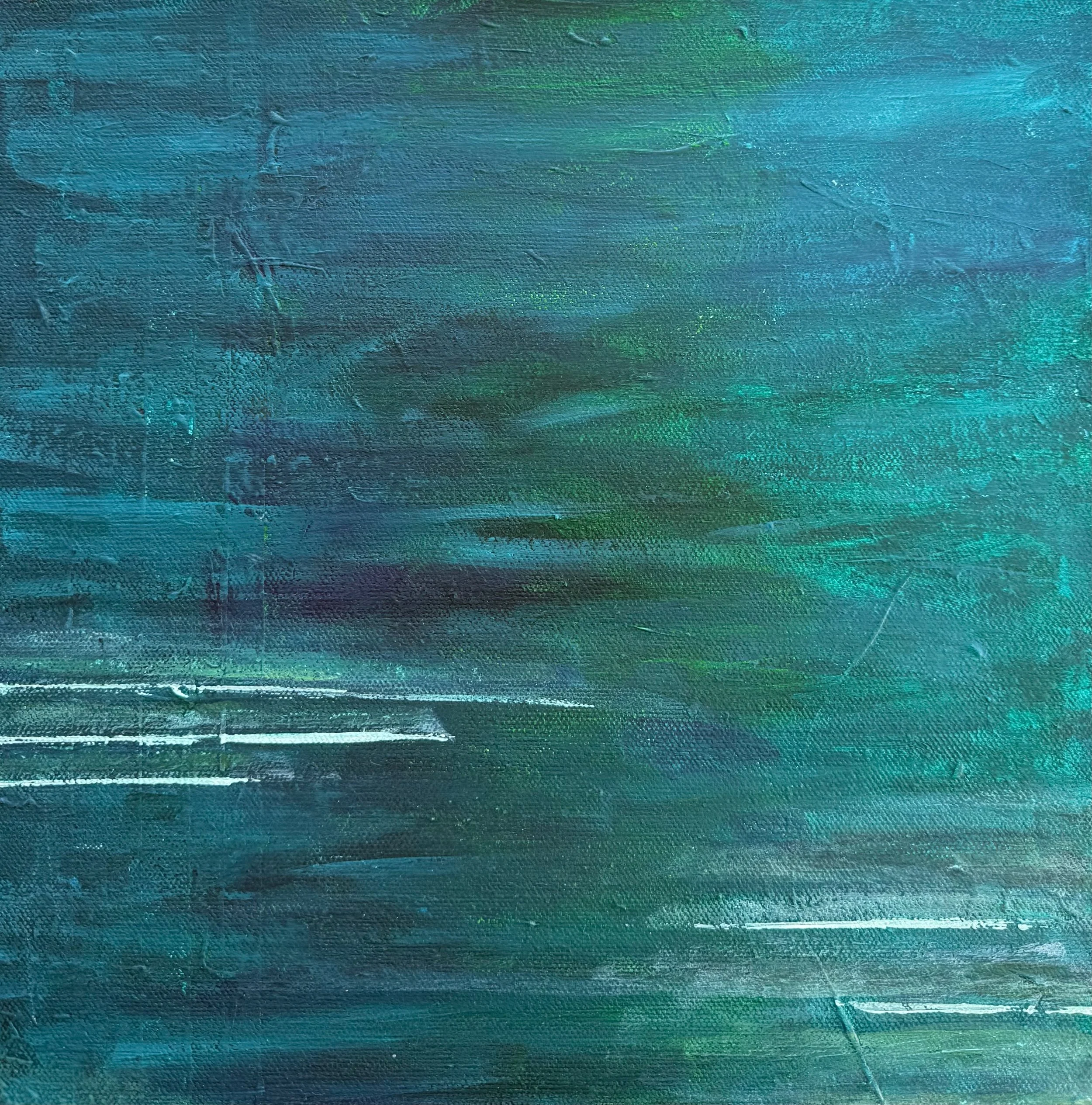 Abstract textured painting with horizontal brushstrokes in shades of blue, teal, green, and hints of purple.