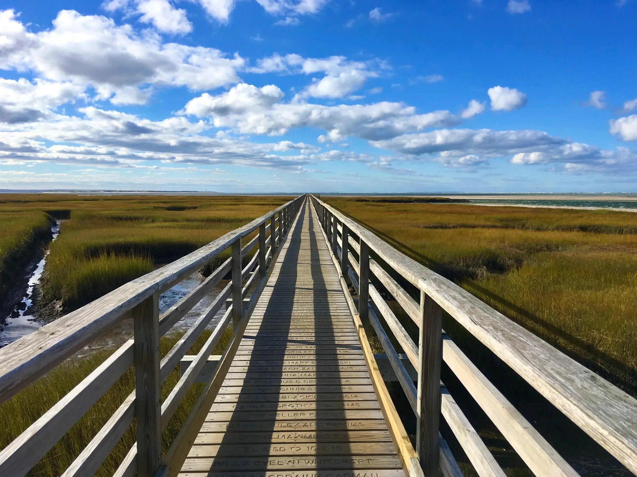A long wooden pier extending over marshland towards the water under a partly cloudy sky.