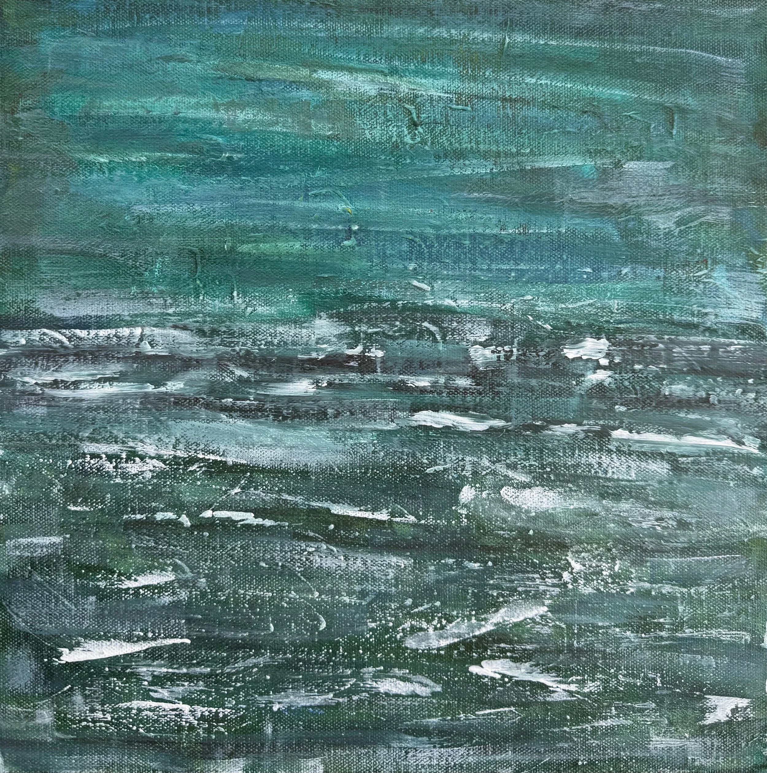 A textured painting of a stormy sea with various shades of blue, green, gray, and white waves.