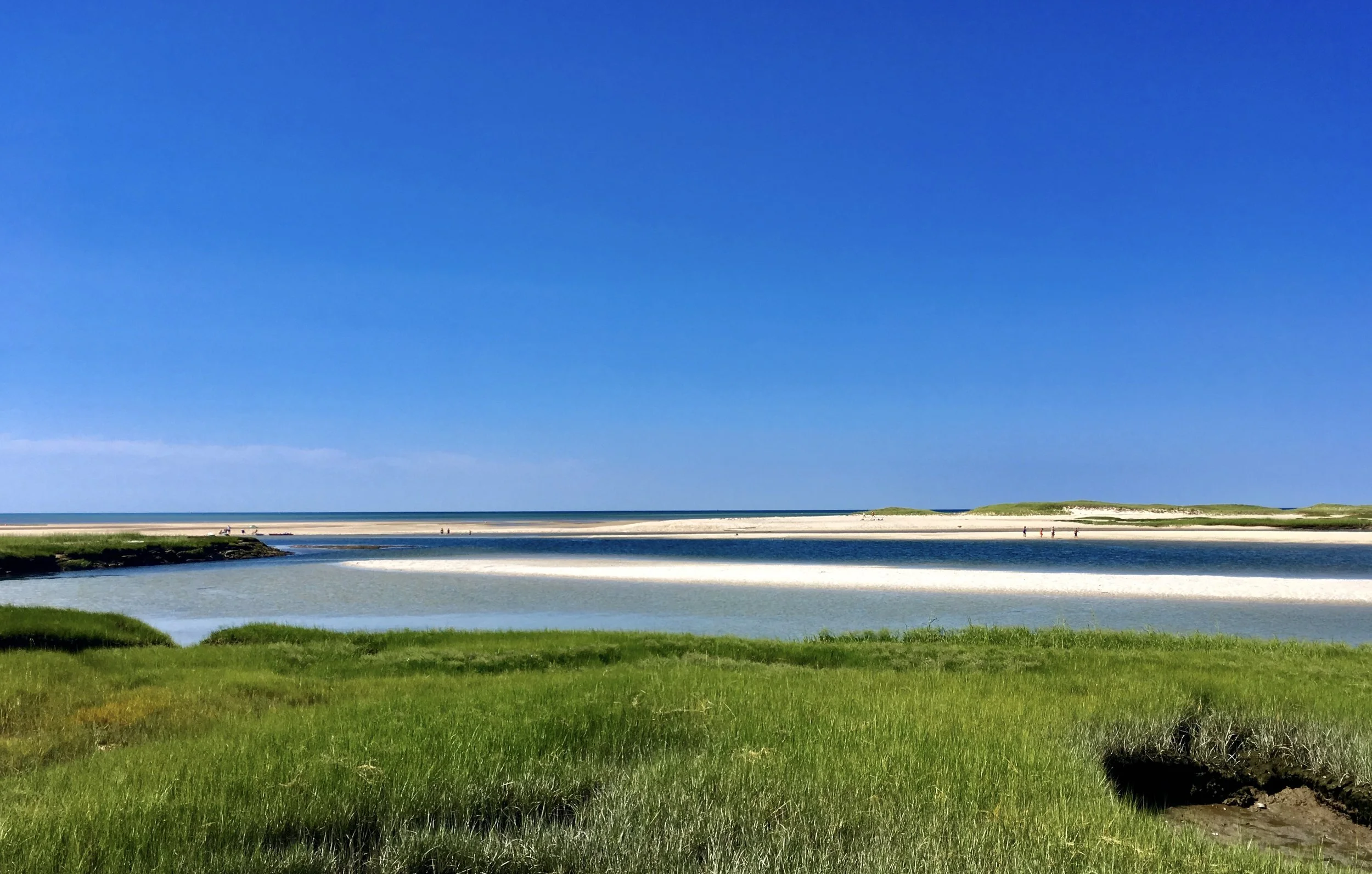 Bright blue sky over a sandy beach with a grassy foreground, a body of water, and a few people walking along the shoreline.