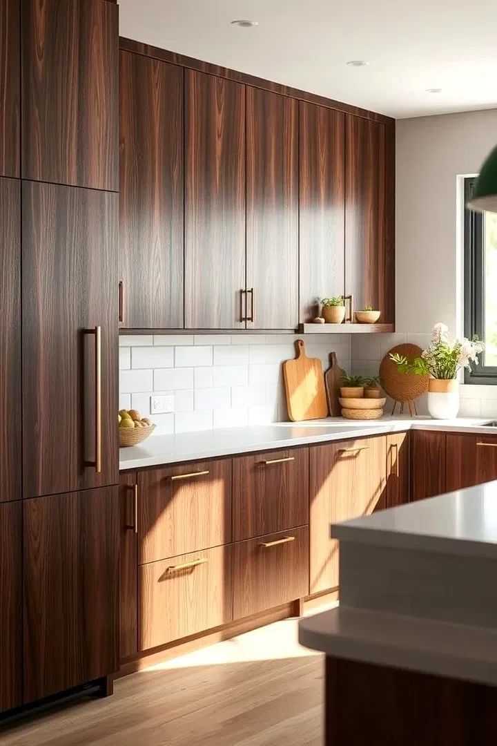 Modern kitchen with wood cabinets, white countertop, white subway tile backsplash, and decorative plants near a window.