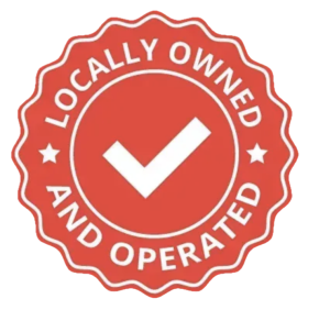 Seal badge with red background and white checkmark, reading "Locally Owned and Operated"