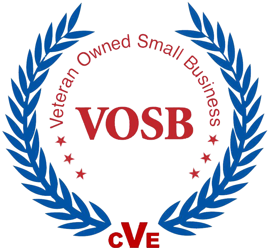 Logo with text 'VOSB - Veteran Owned Small Business' encircled by a blue laurel wreath and red stars.