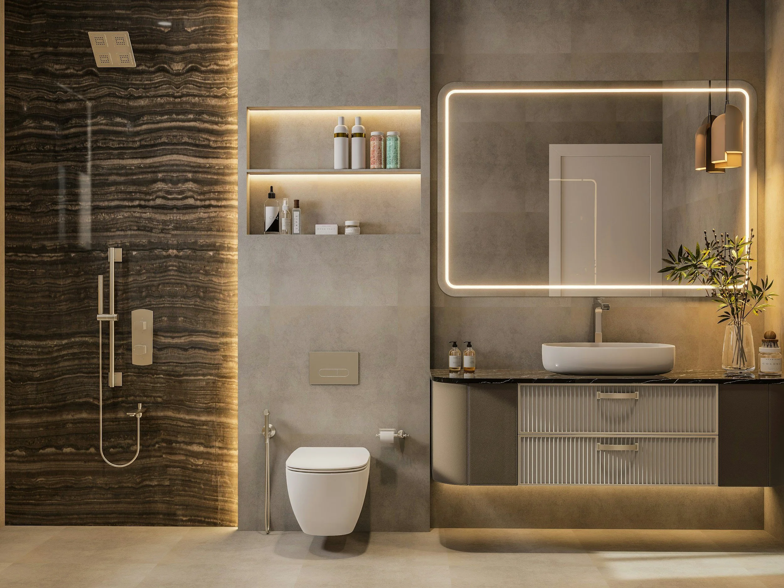 Modern bathroom with a large backlit mirror, gray cabinetry, a white vessel sink, and decorative accents. To the left, a shower with dark textured wall tiles and a hand shower. Open shelving with toiletries and a potted plant in the corner.