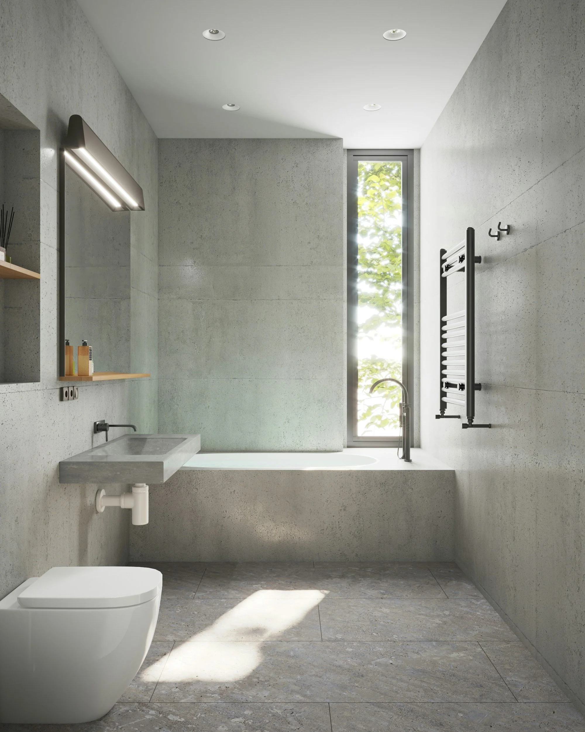 Modern minimalist bathroom remodeling project in Frisco Texas. Concrete walls and floor, a white toilet in the foreground, a window with green foliage outside, a metal towel radiator on the right, and a stone sink with a faucet on the left.