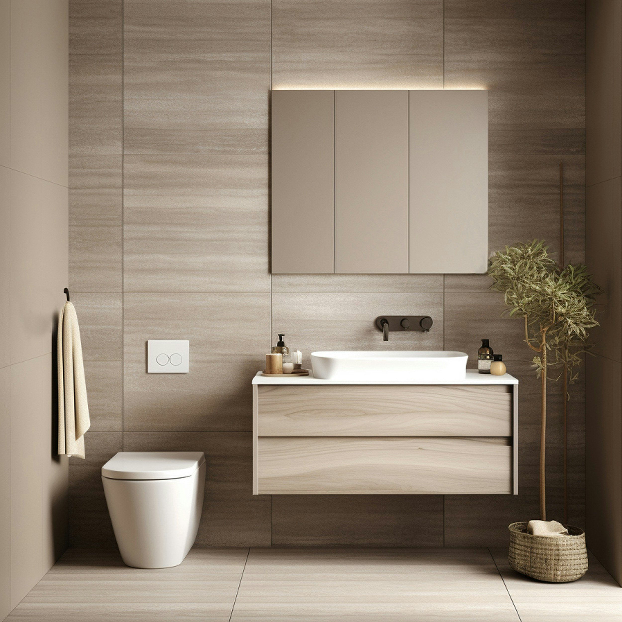 Modern bathroom remodel with beige tiled walls, white vanity with a vessel sink, black fixtures, a white toilet, and decorative plants and accessories.