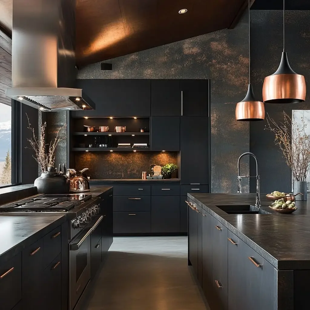 Sophisticated black kitchen with textured surfaces and copper pendant lighting
