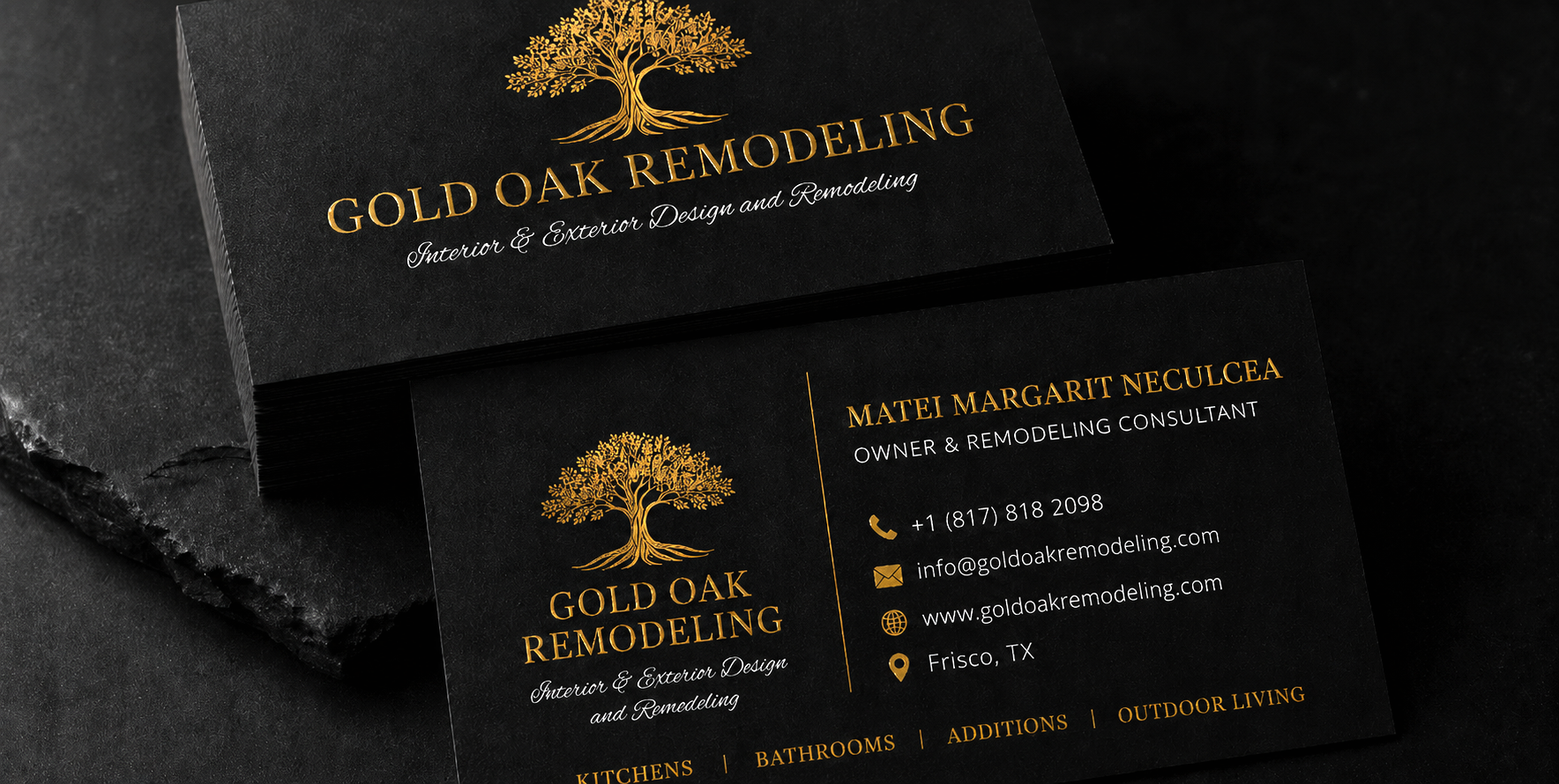 Business card for Gold Oak Remodeling featuring a golden oak tree logo, black background, and gold and white text with contact details and services offered.