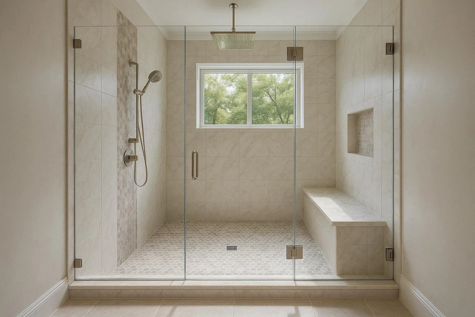 Modern bathroom remodel in Dallas–Fort Worth by Gold Oak Remodeling featuring marble walls, glass shower, and luxury finishes.