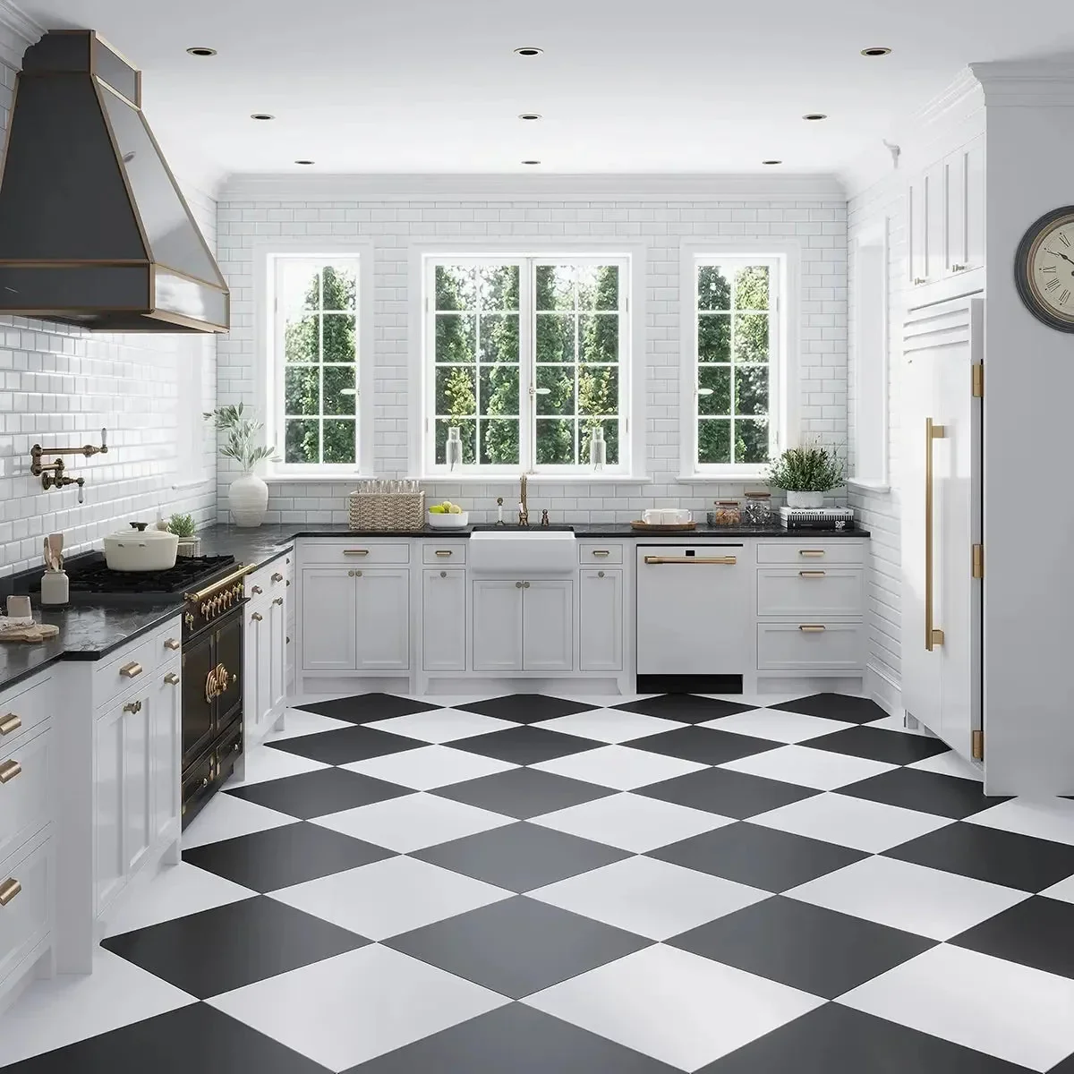 Modern kitchen with black and white checkered floor, white cabinets, black countertops, and three large windows with greenery outside.